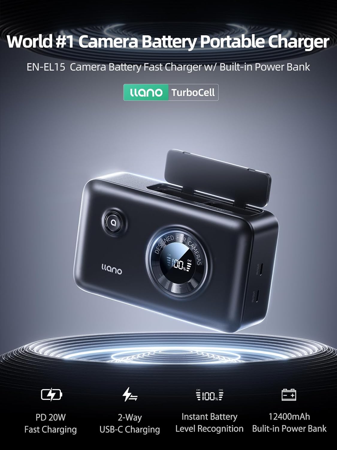 Thumbnail 1 de llano 2-in-1 EN-EL15 Dual Fast Camera Battery Charger with PD 20W USB-C – Dual Battery Charge & Storage