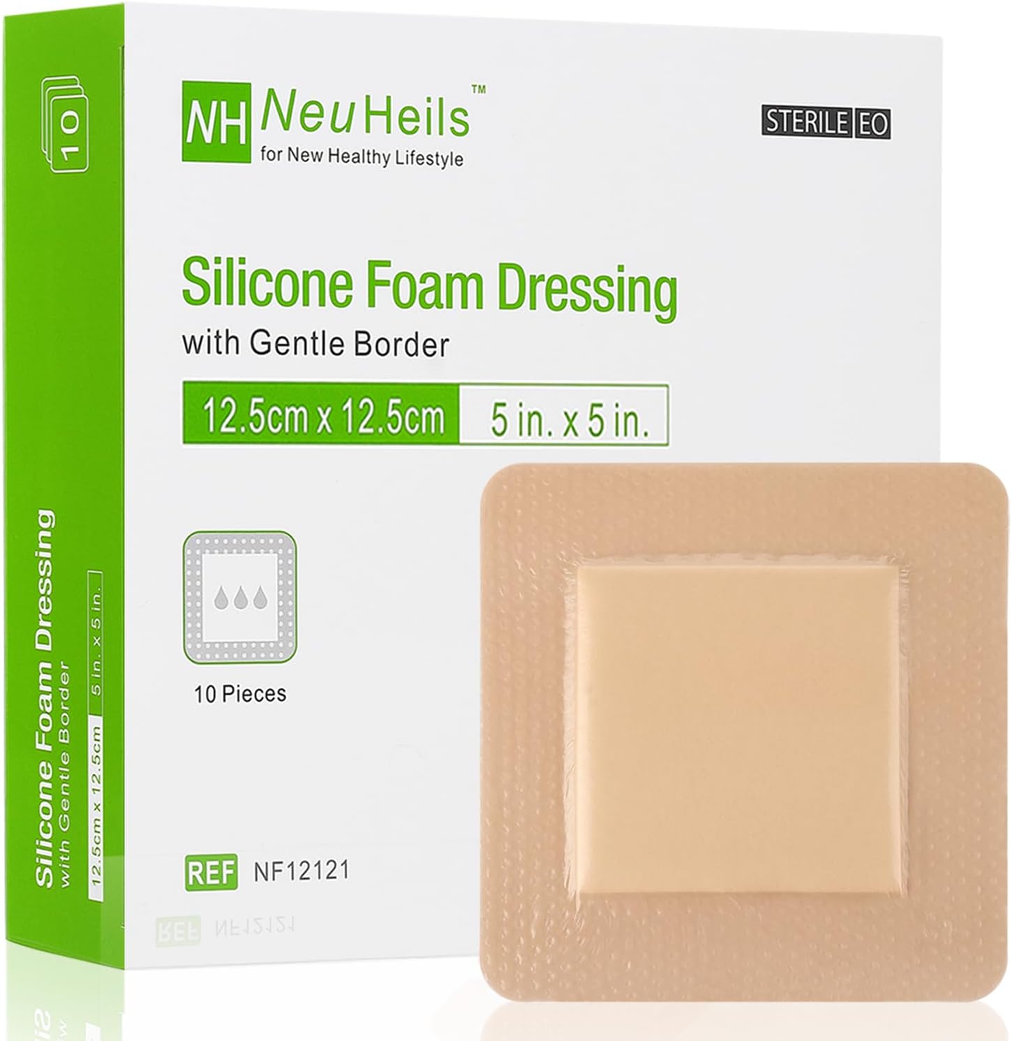 Detalle de NeuHeils 5x5 Inch Silicone Foam Dressing with Border, 10-Pack