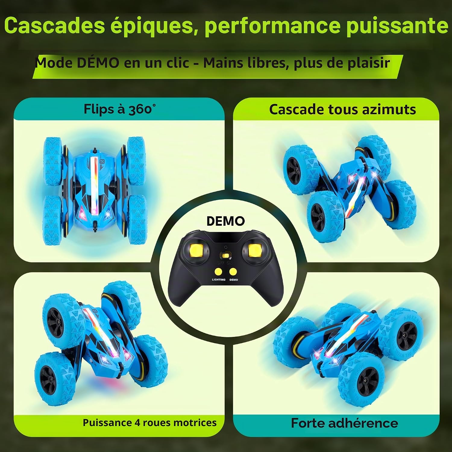 Detalle de Threeking Voiture Télécommandée Enfant RC à Cascades: batterie modulable, conduite double face et lumières douces