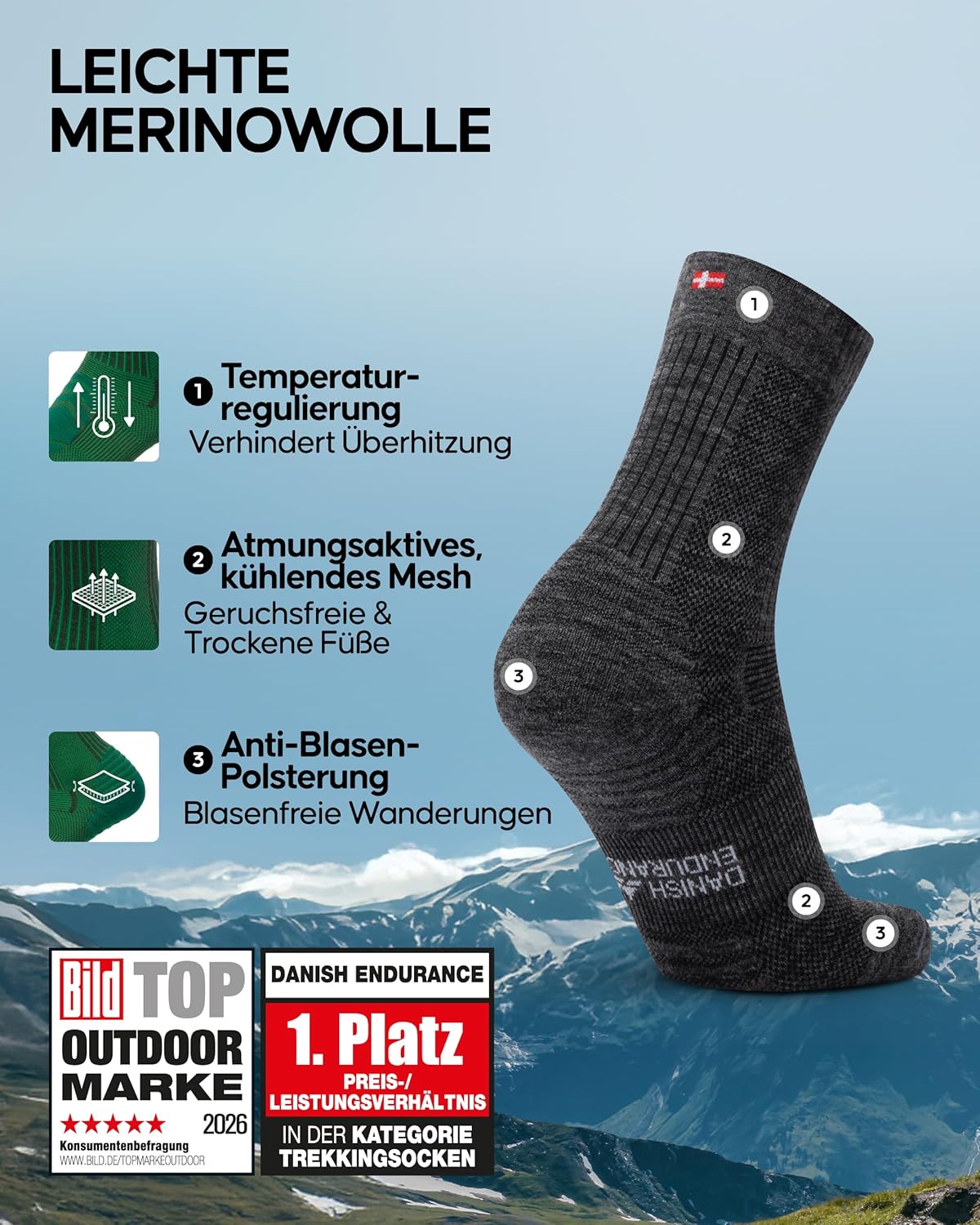 Thumbnail 1 de DANISH ENDURANCE Leichte Merino-Woll Wandersocken 3 Paar