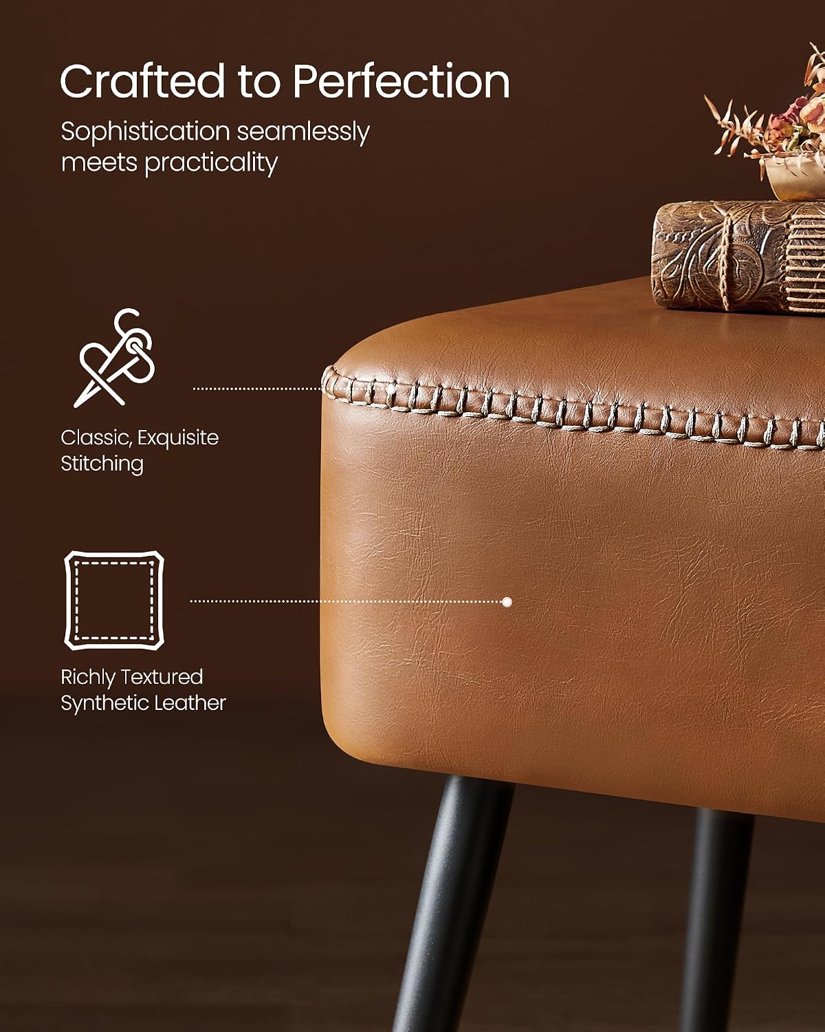 Detalle 1 de VASAGLE EKHO ULOM076K01 Upholstered Bench, Caramel Brown, Steel Legs