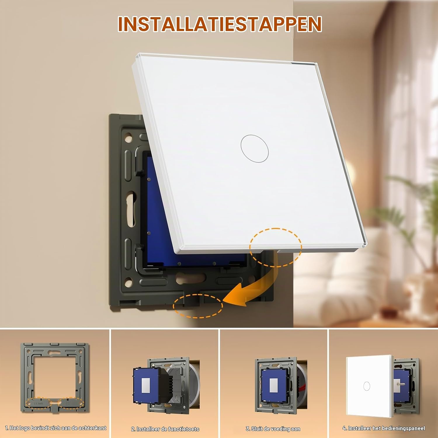 Detalle 1 de BSEED Touch inbouwschakelaar met glazen paneel, led-indicator en 1 schakelaar