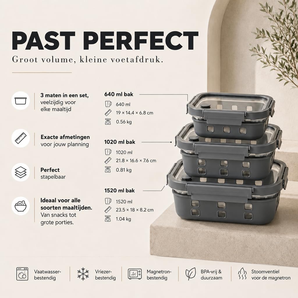 Detalle 2 de Dalena Home mealprep-bakjes met glazen deksel, 640, 1020 en 1520 ml