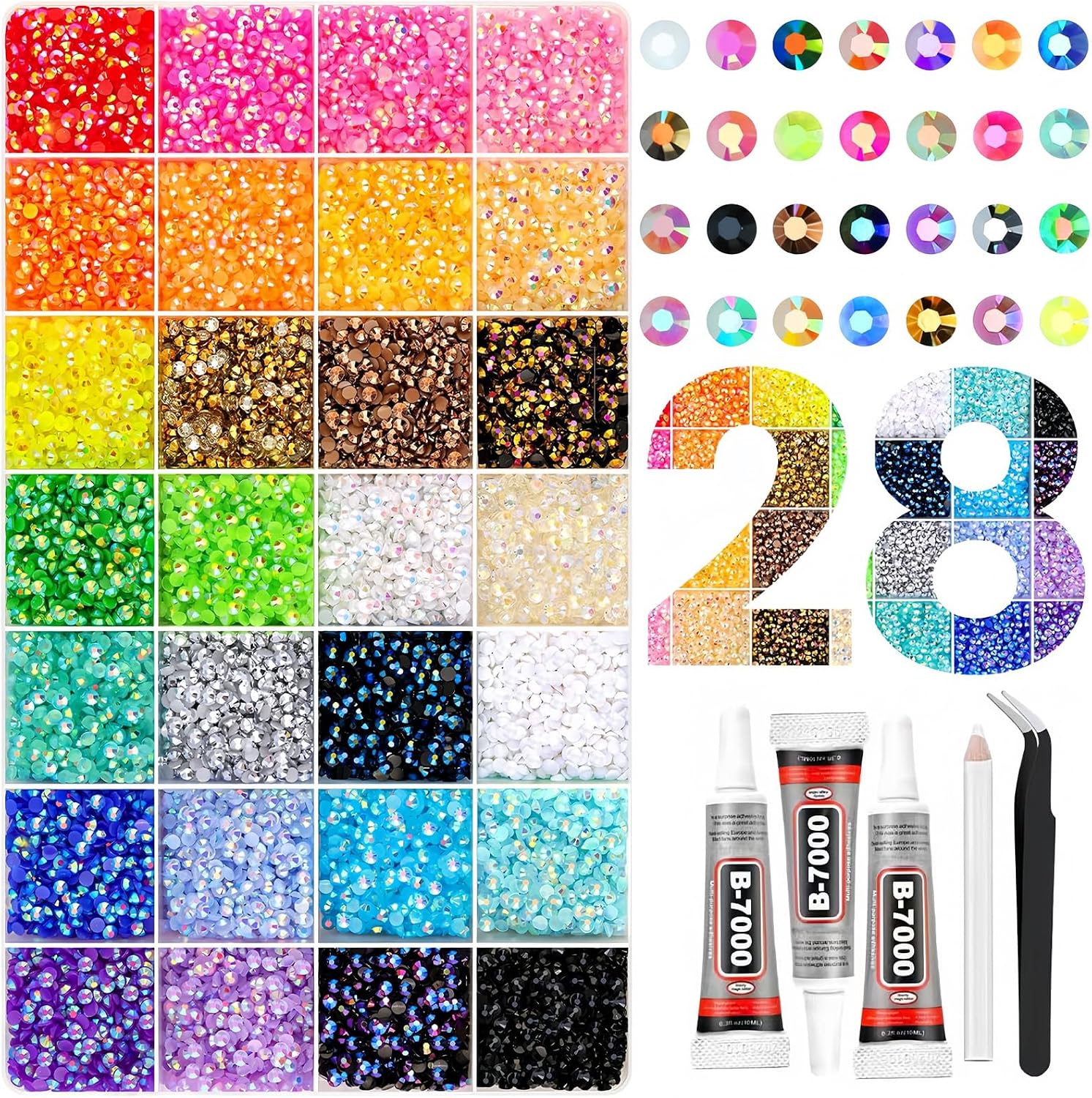 Detalle de UniiWeel 30000pcs Bedazzling Kit: Nail Art Rhinestones in 28 Colours (3mm Flatback) with Tweezers, Adhesive & Pen