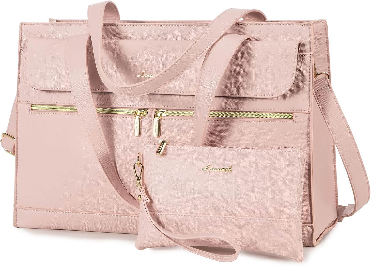 Detalle de LOVEVOOK 15.6 Inch Laptop Tote for Women – Pink PU Leather with Detachable Clutch