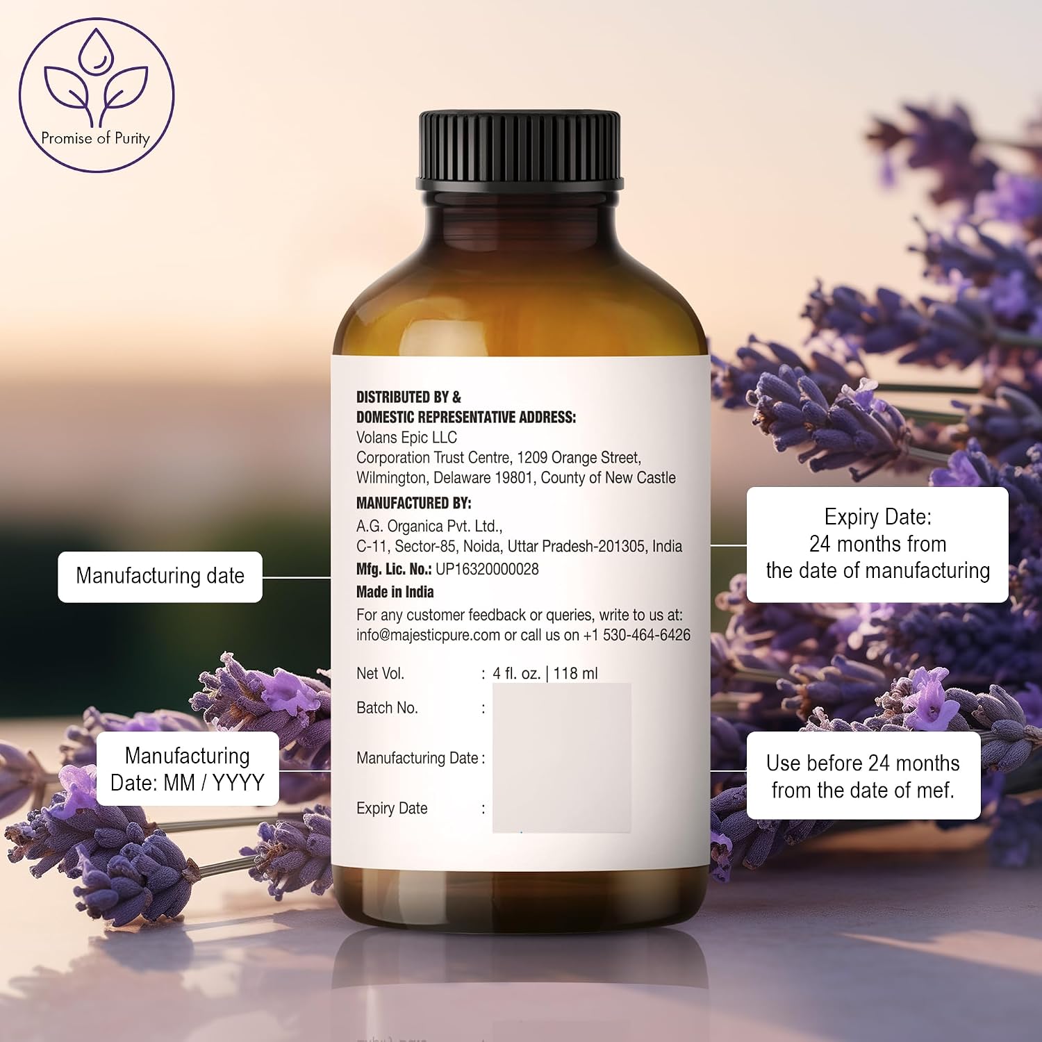 Detalle de Majestic Pure Lavender Essential Oil with Glass Dropper – 8 Fl Oz (2 x 4 Fl Oz) 100% Pure Lavender Oil