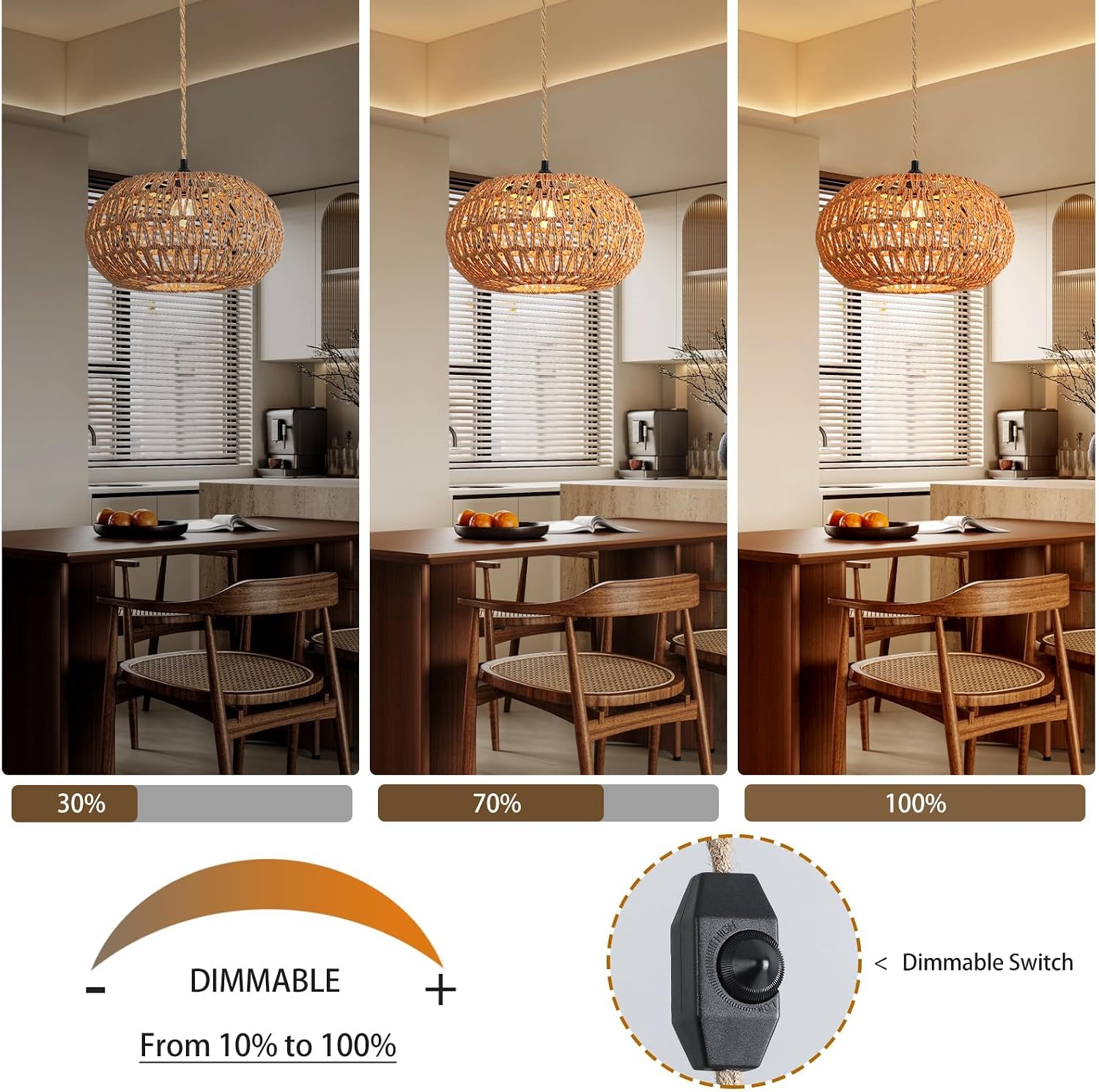 Thumbnail 1 de Maichixin 1 12-Inch Hemp Rope Plug-In Pendant Light, Dimmable, E26