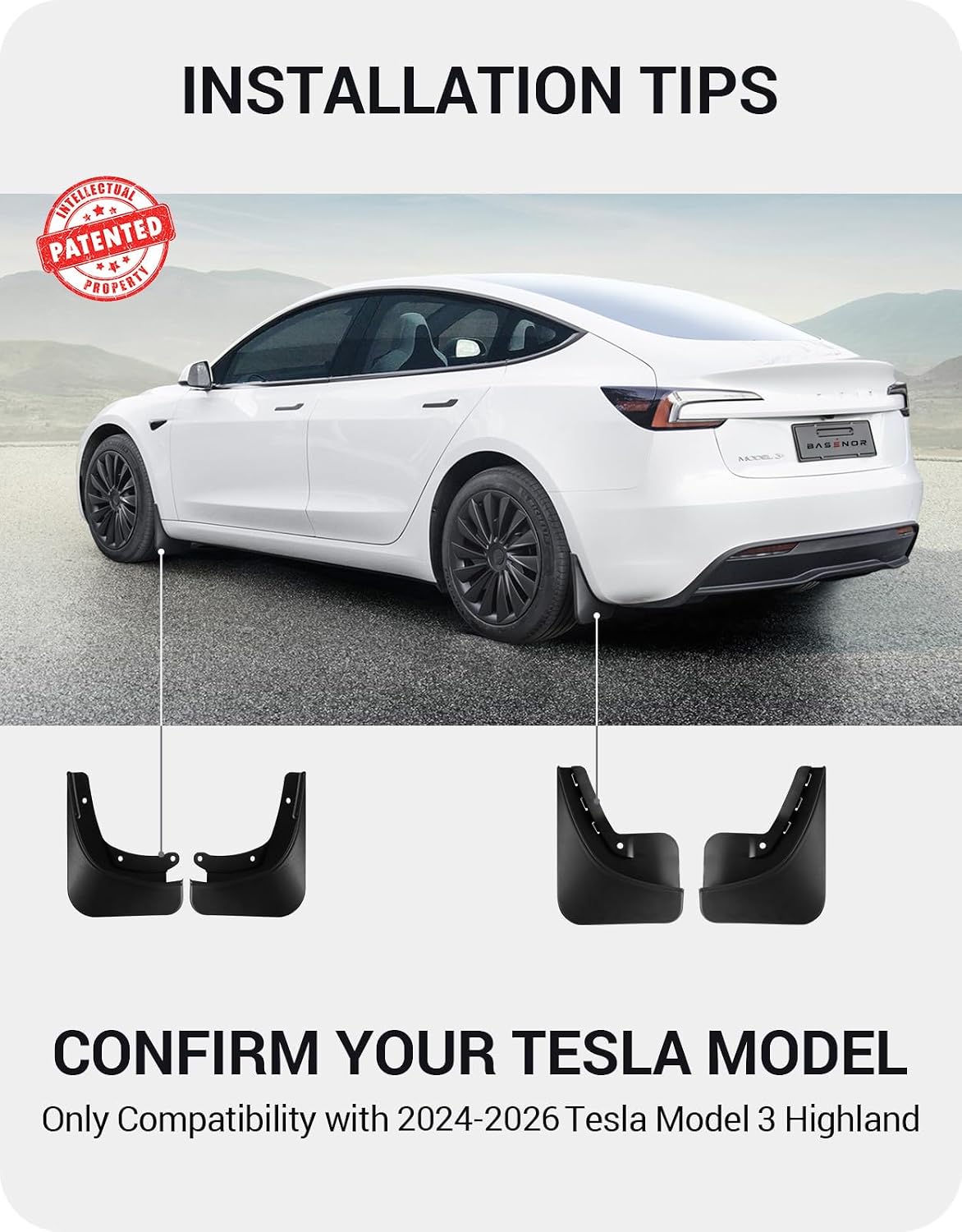 Detalle de BASENOR Highland Mud Flaps for Tesla Model 3 (2024–2026) – Set of 4, No Drilling, All-Weather Protection