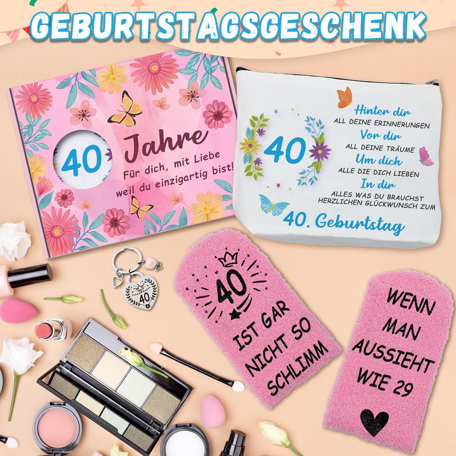 Thumbnail 6 de WAMIOKAGRO Geschenkset zum 40. Geburtstag: Kosmetiktasche, Socken & Schlüsselanhänger