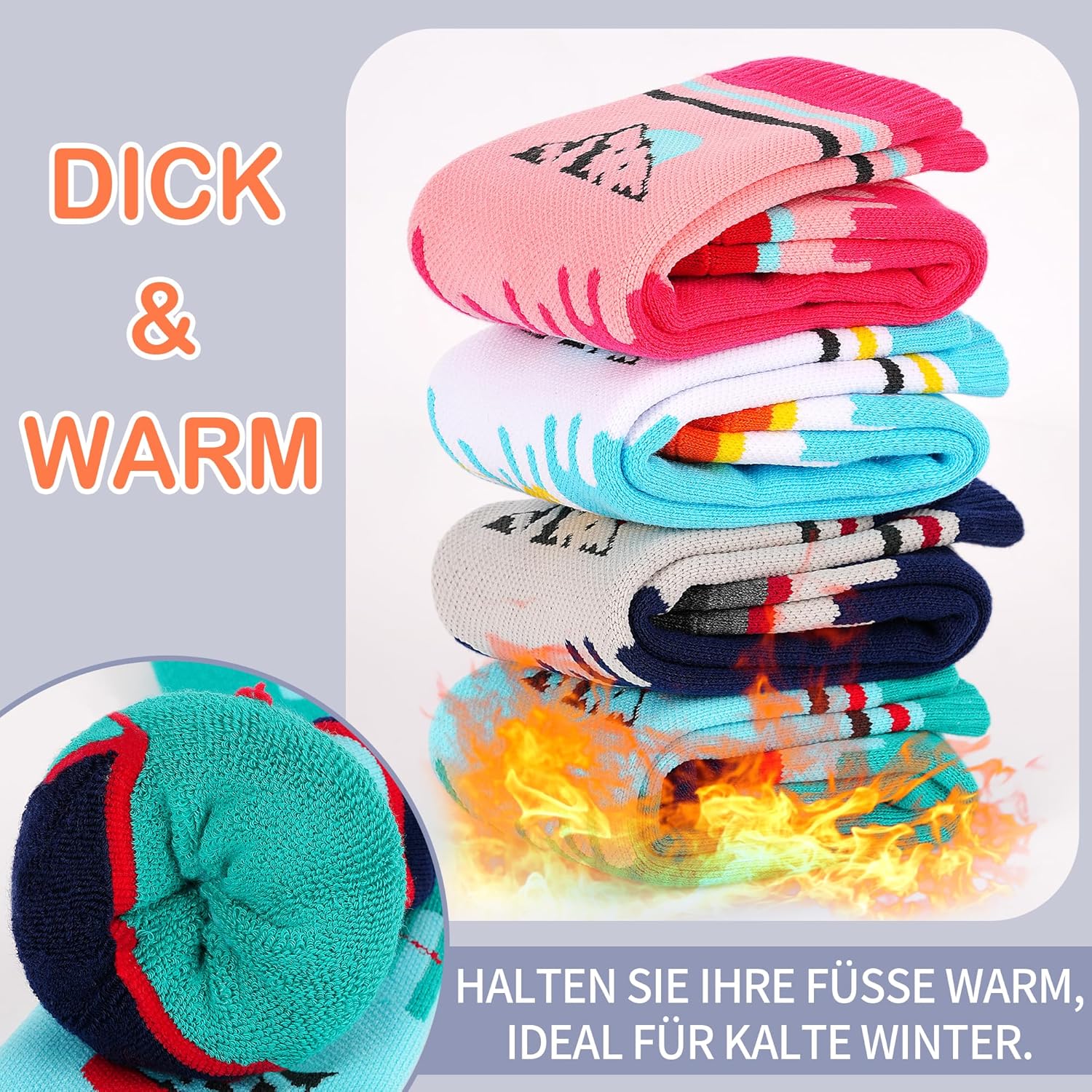 Thumbnail 4 de ELUTONG Kinder Skisocken (2 Paar) für 3–10 Jahre – warme Thermo-Socken mit Sonnenaufgangs- und Schneemannmotiven
