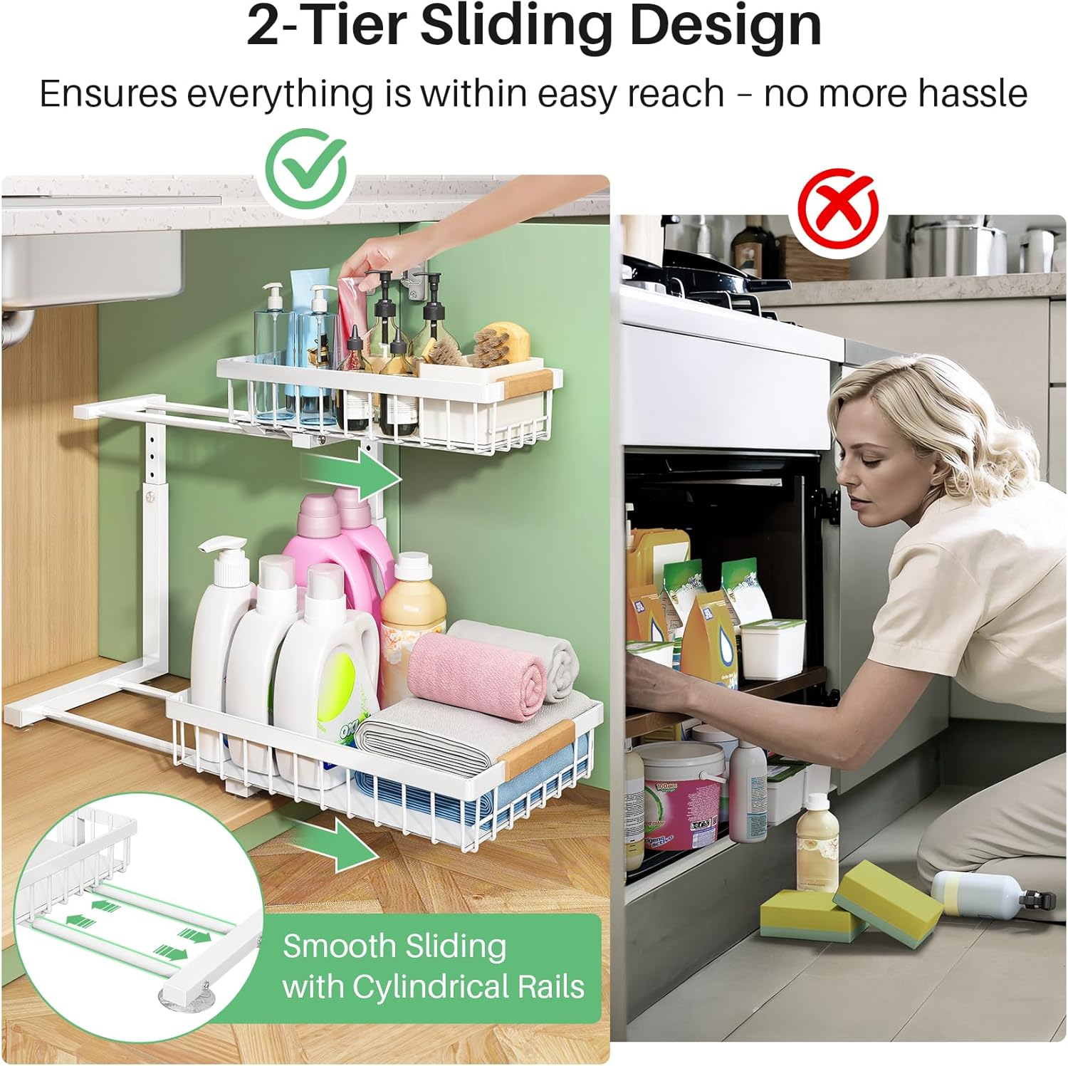 Detalle 2 de Kitstorack 2-Tier Sliding Cabinet Organizer, Adjustable White Carbon Steel Shelf