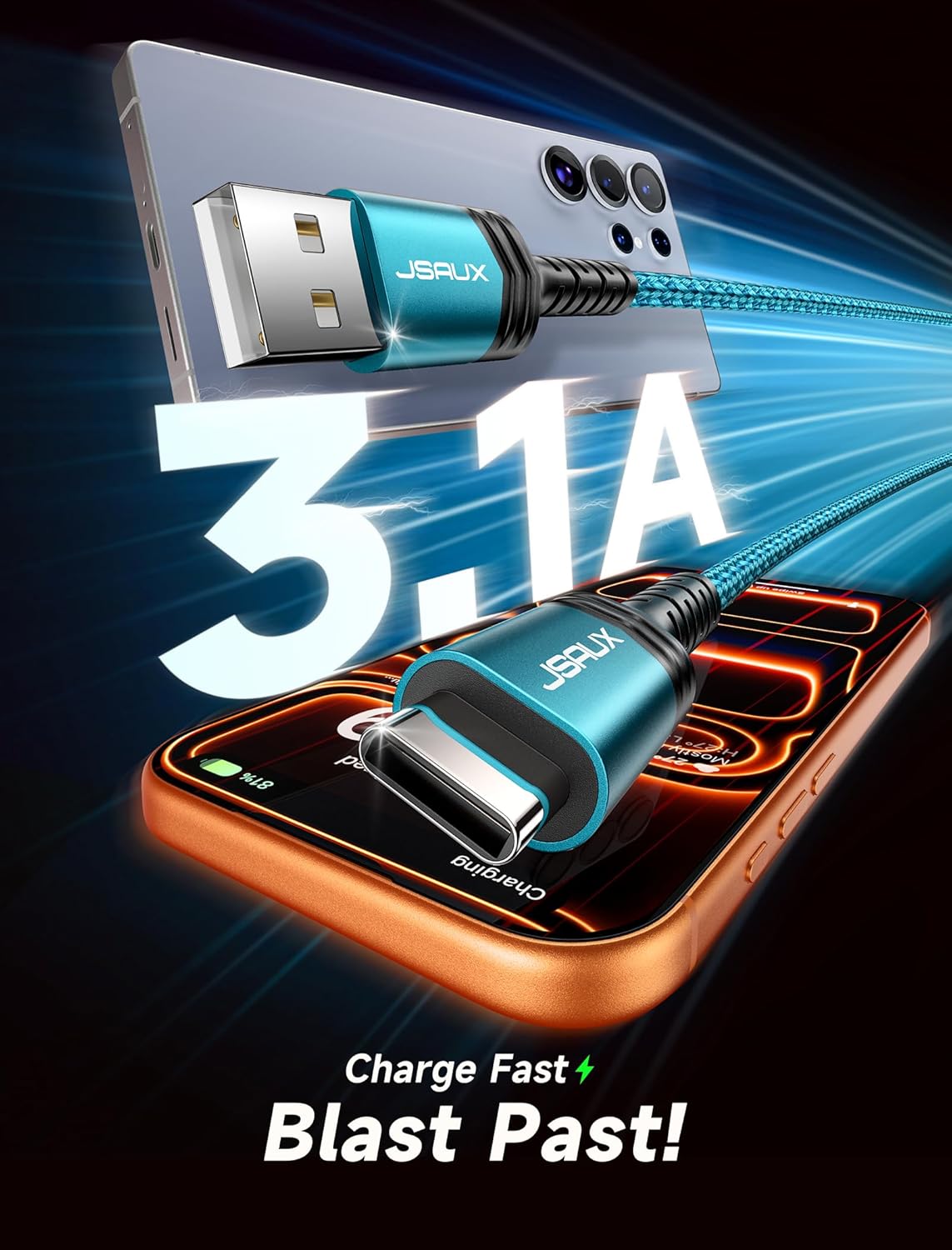 Thumbnail 2 de JSAUX lot de 4 câbles USB Type-C (1 m, 1 m, 2 m, 3 m) charge rapide 3 A et transfert données