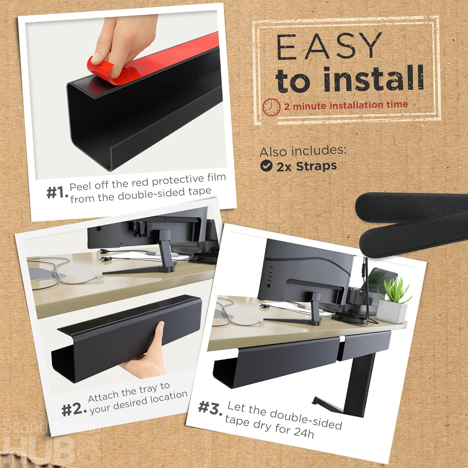 Thumbnail 2 de Scandinavian Hub No-Screw Under Desk Cable Management Tray (Black) — Self-Adhesive Set of 2