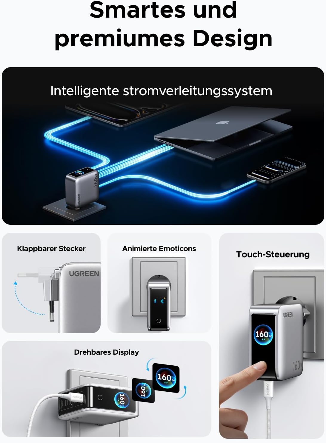 Thumbnail 5 de UGREEN Nexode Pro 160W USB C Ladegerät – 5-Port GaN mit Smart Display