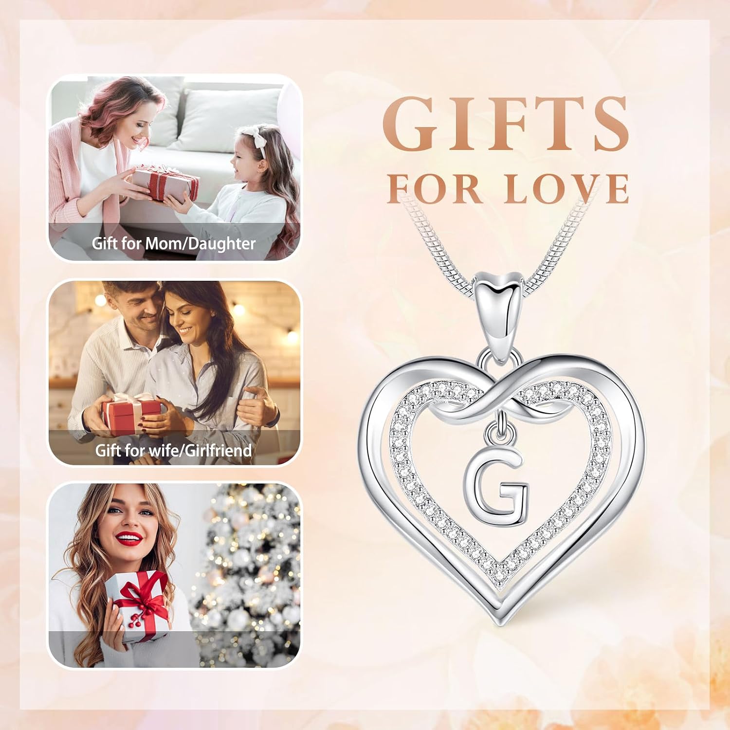Thumbnail 3 de EUDORA Harmony Ball Collier initiale cœur en argent – pendentif lettre cœur avec zircon cubique (51 cm)