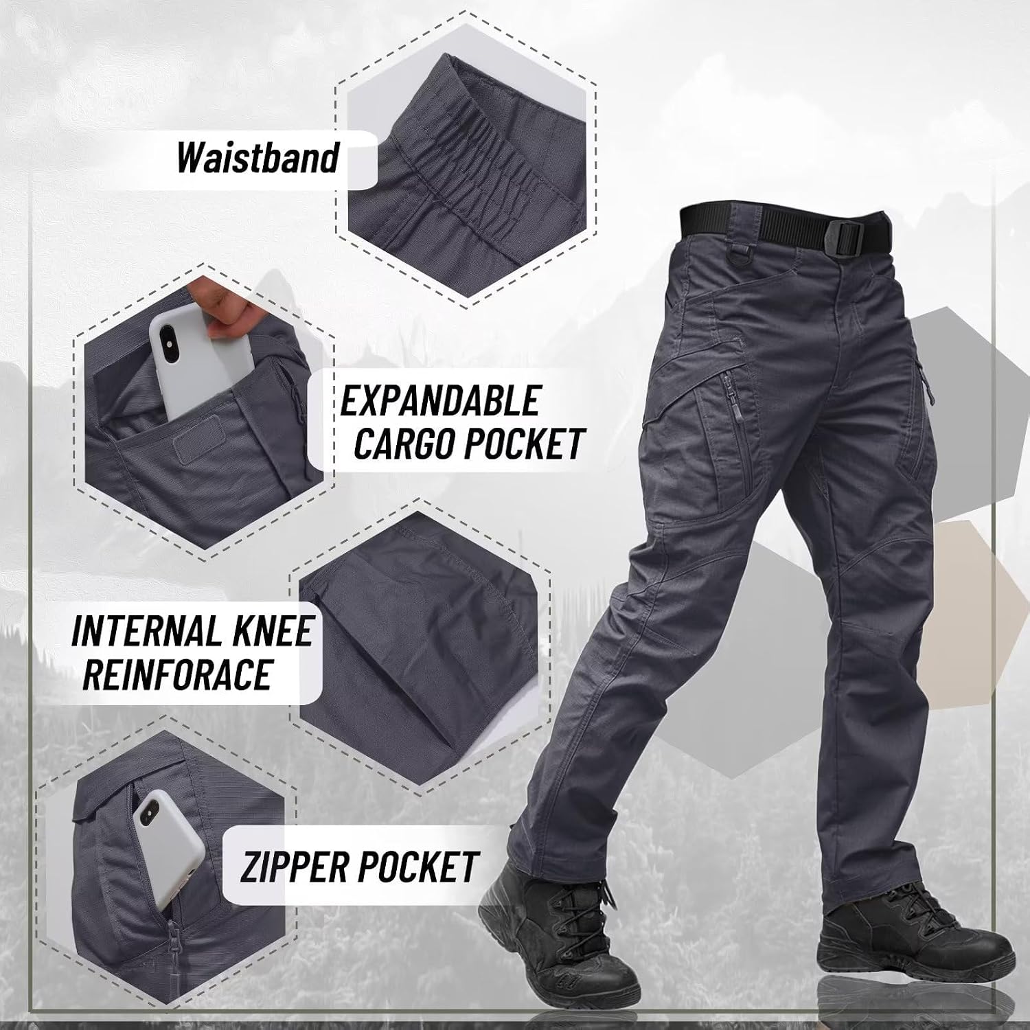 Detalle de TACVASEN men’s military cotton outdoor hiking trousers with multi-pockets