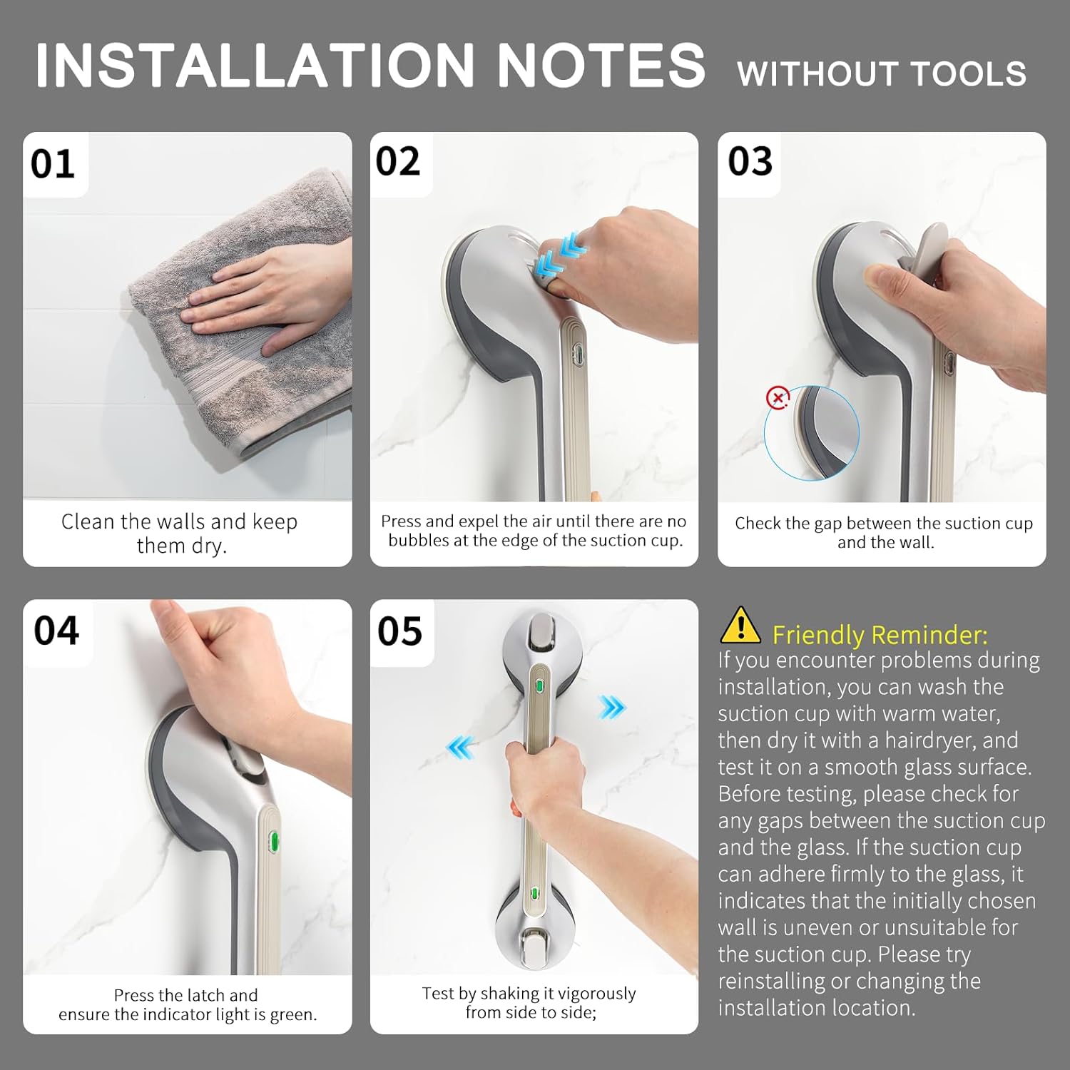Thumbnail 5 de Newthinking Long Suction Grab Rail for Bathroom (16 inch) with Indicator – portable drill-free shower safety handle