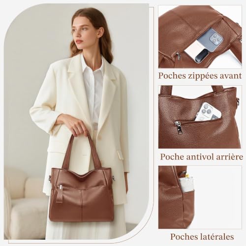 Detalle 1 de Mabecol sac shopper moyen en PU marron, compartiments multiples et bandoulière réglable