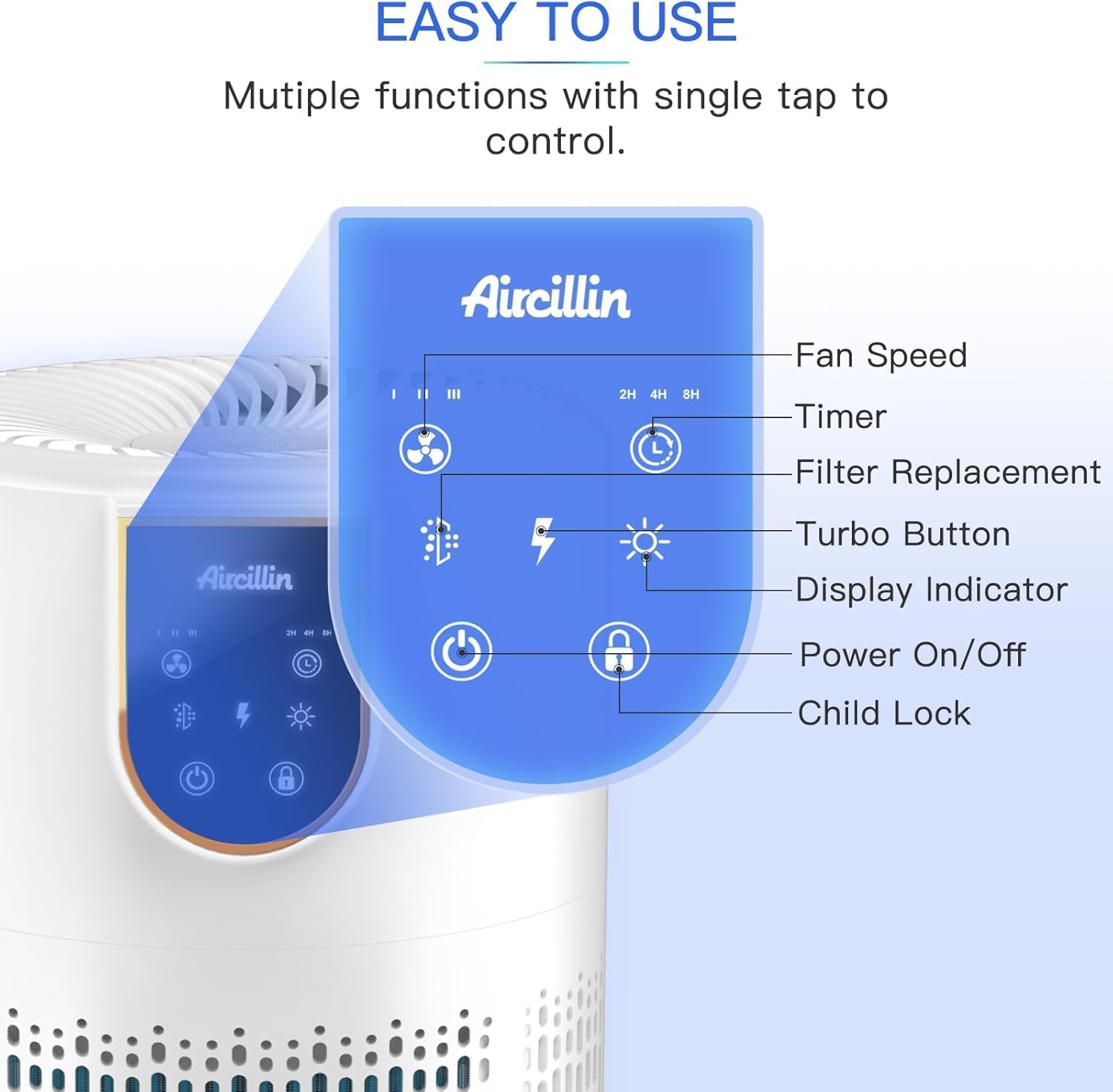Thumbnail 2 de Aircillin Purificatore d'Aria con Filtro HEPA 5 Stadi – 3 Velocità, Aromaterapia e Timer