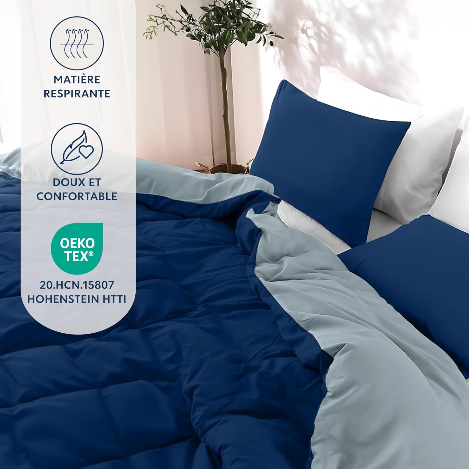 Thumbnail 1 de Dreamzie Parure de lit 200x200 en microfibre (housse de couette + 2 taies 65x65) bleu foncé/bleu gris