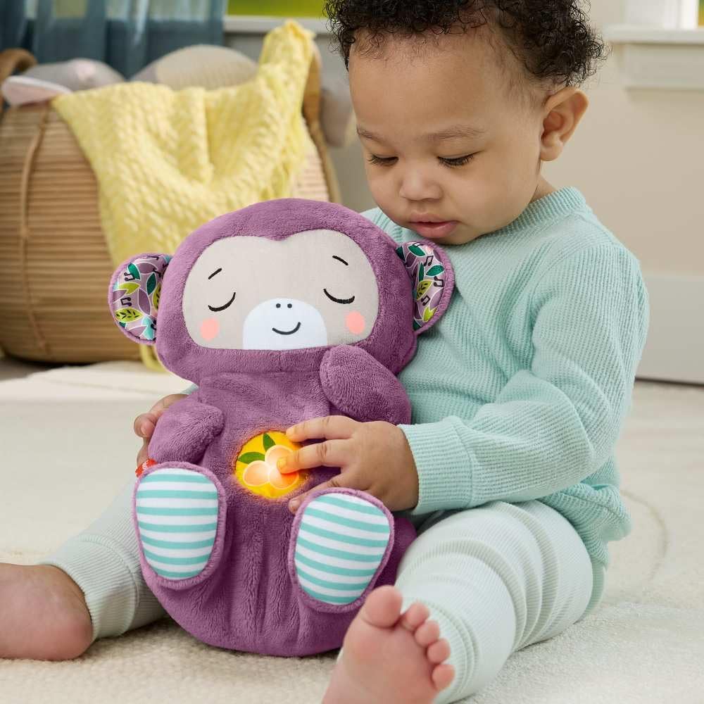 Detalle 2 de Fisher-Price Scimmietta Viola Soffice Relax: peluche sensoriale con movimento respiratorio, luci calmanti e melodie per neonato