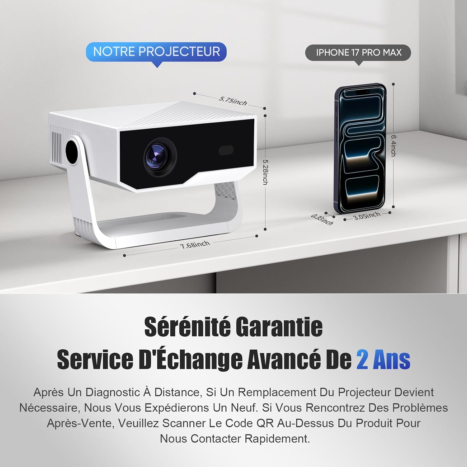 Detalle de Android 14 Videoprojecteur 4K & 1080p – 270°, WiFi 6 et Bluetooth 5.2, portable, 300 ANSI lumens