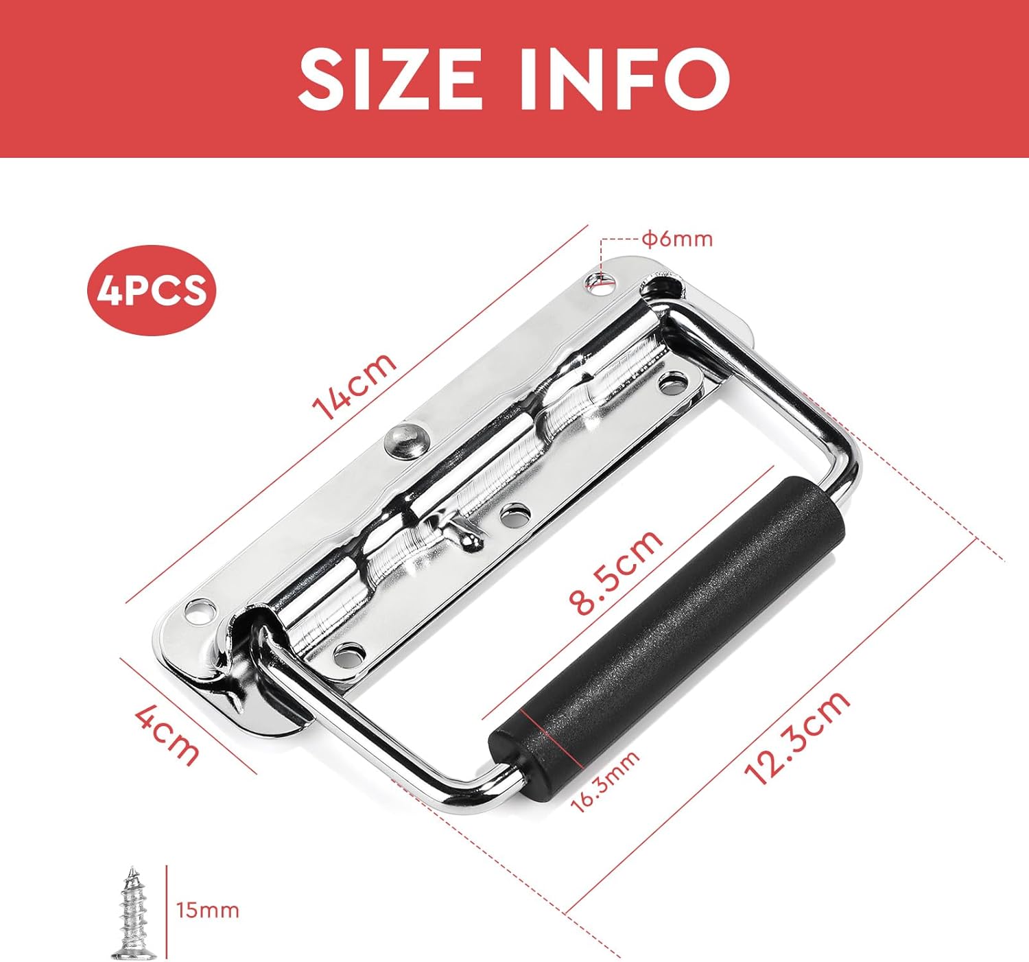 Detalle 2 de SUPAWAY 4er Set Klapp-Tragegriffe für Flightcase, Eisen-Boxengriff mit Feder und Gummigriff, 140 mm