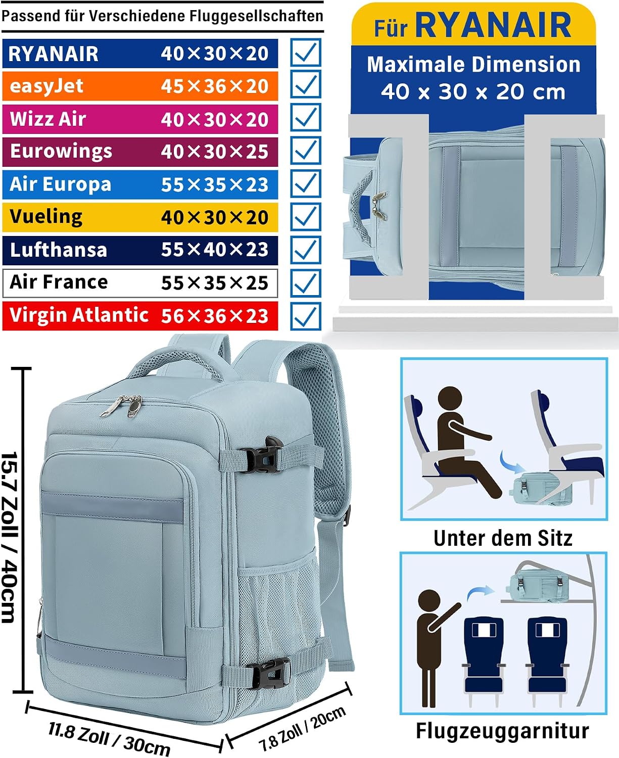Detalle 2 de Handgepäck Rucksack 40x30x20 cm – 24L, Laptopfach, Grün