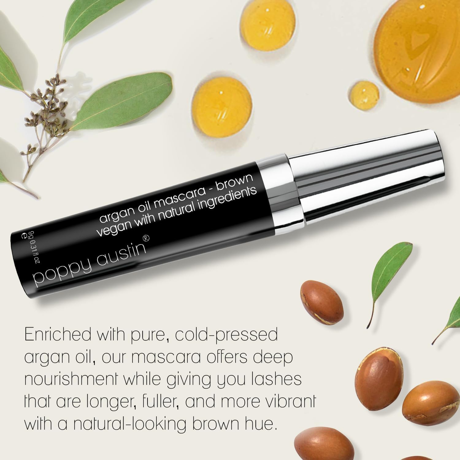 Detalle de Poppy Austin Brown Vegan Mascara, Waterproof Volume and Length, 9 g
