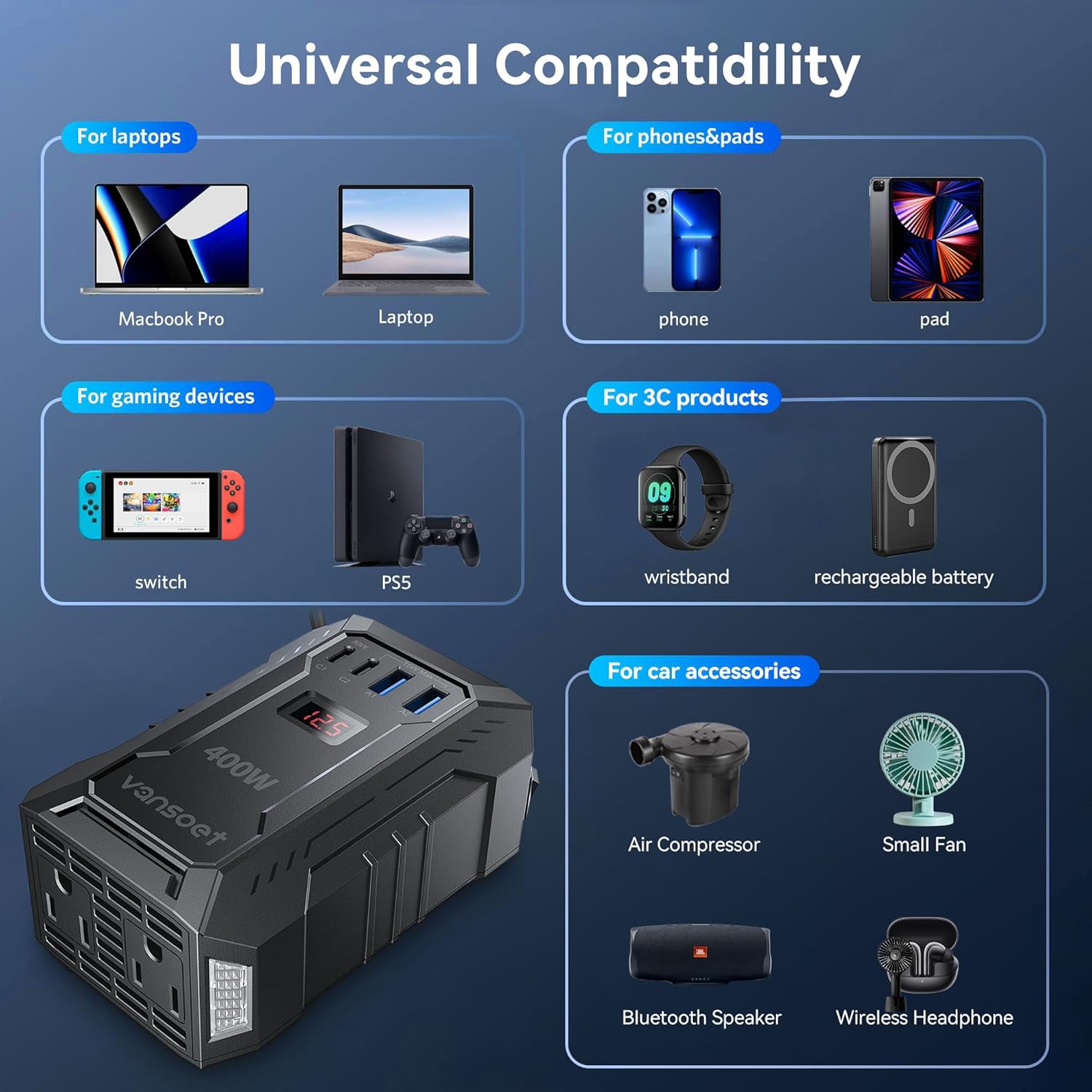 Thumbnail 6 de 400W Car Power Inverter (DC 12V to 110V AC) with 30W/15W USB-C, 2 USB-A & 2 AC Outlets