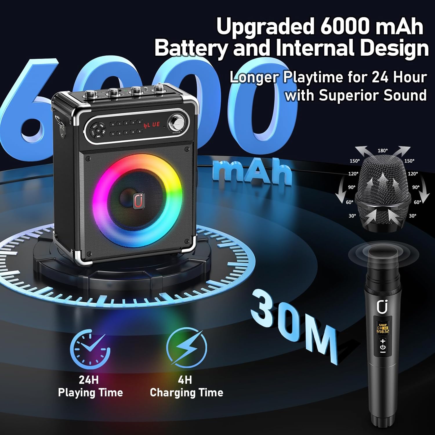 Detalle de HWWR Karaoke Machine with 3 Wireless 0-Delay Microphones, 5.25-Inch Woofer