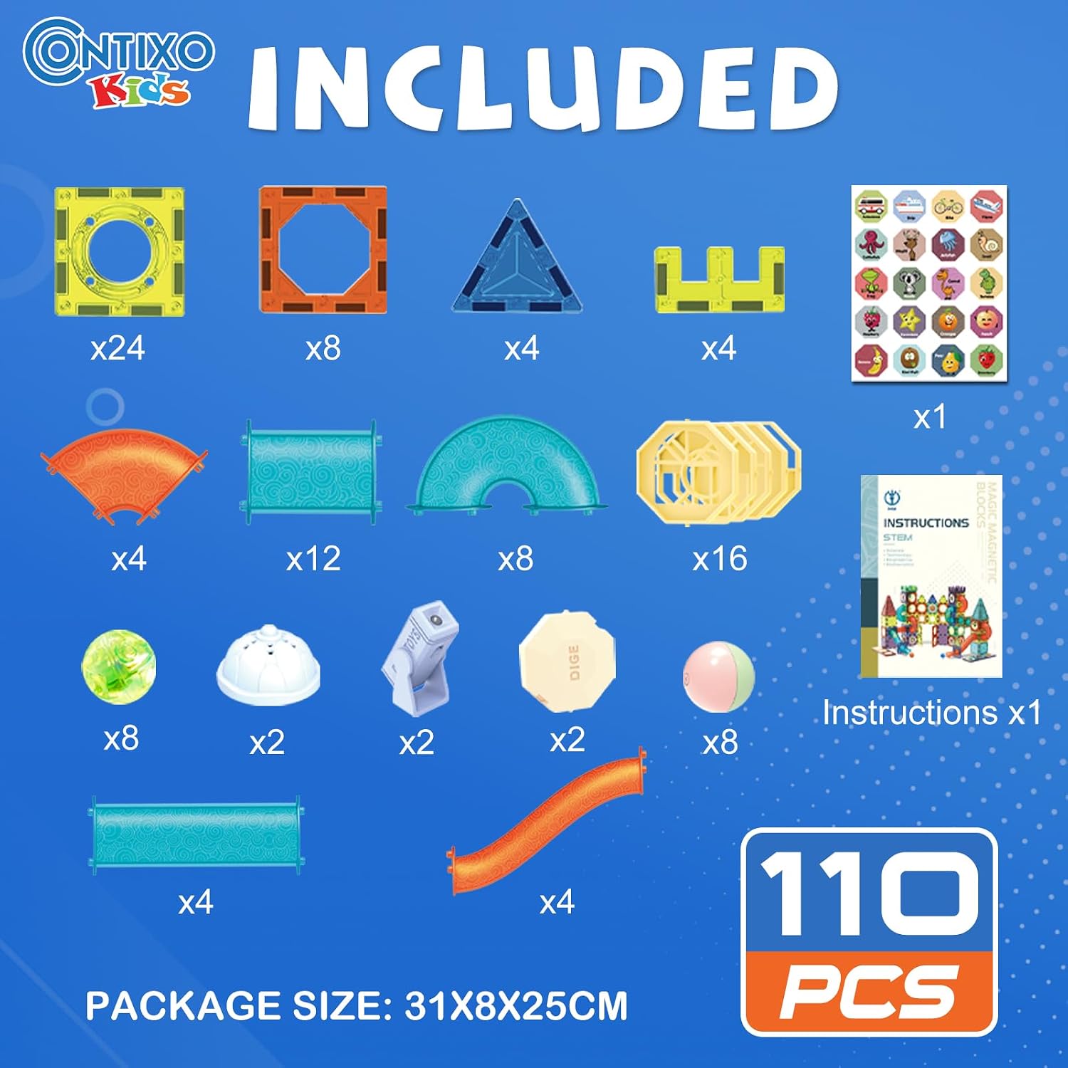 Detalle de Contixo STEM Building Toys - 110 Pcs Marble 3D Magnetic Run Tiles Set