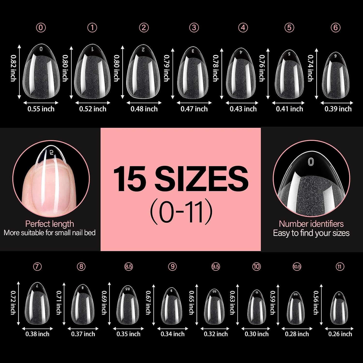 Thumbnail 5 de AILLSA Short Almond Nail Tips (Gel Jelly Press-On) 240PCS, 15 Sizes — Clear Half-Matte Full Cover Tips