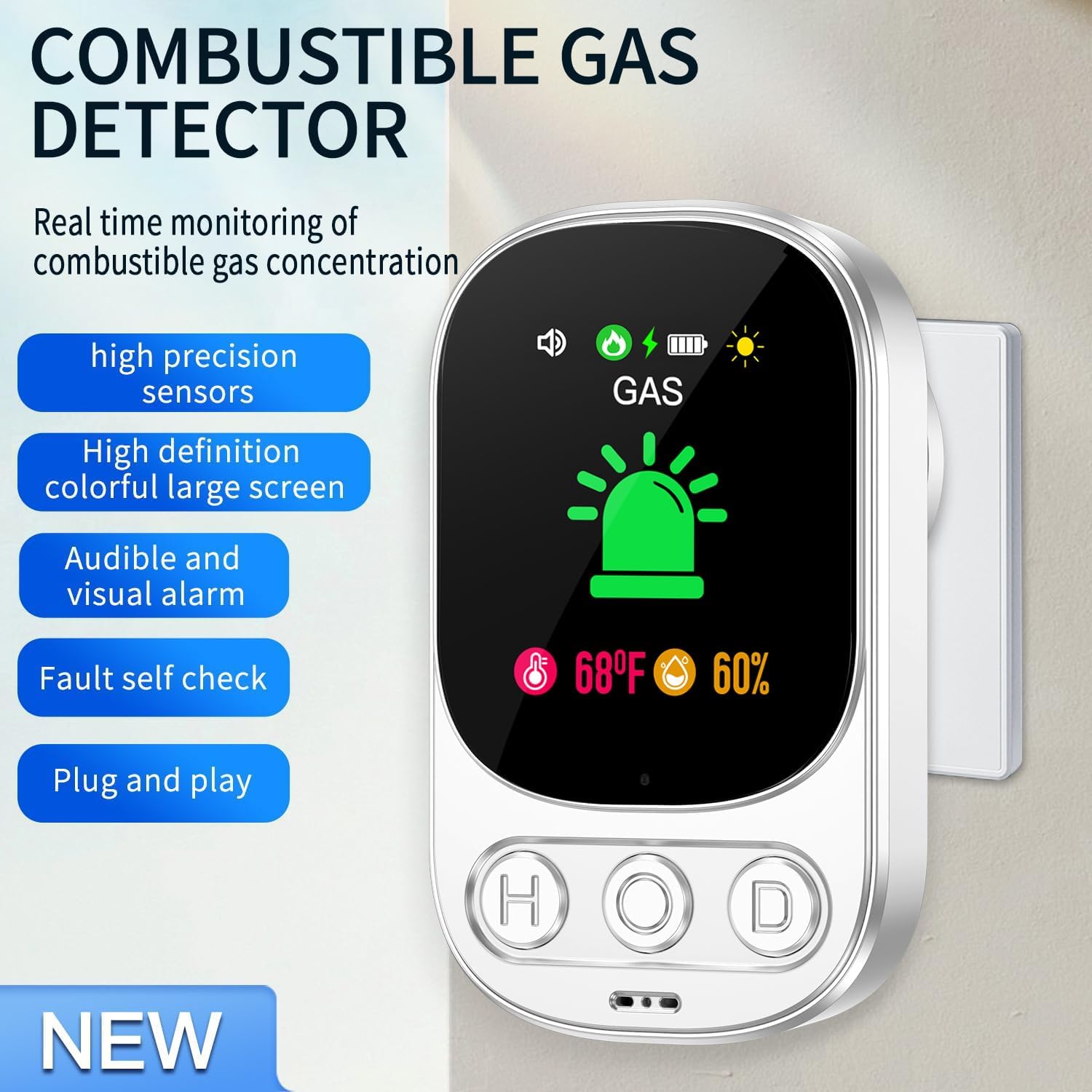 Detalle 2 de Gedsffati Rilevatore di Gas Combustibile con Spina – allerta affidabile per casa, con batteria ricaricabile