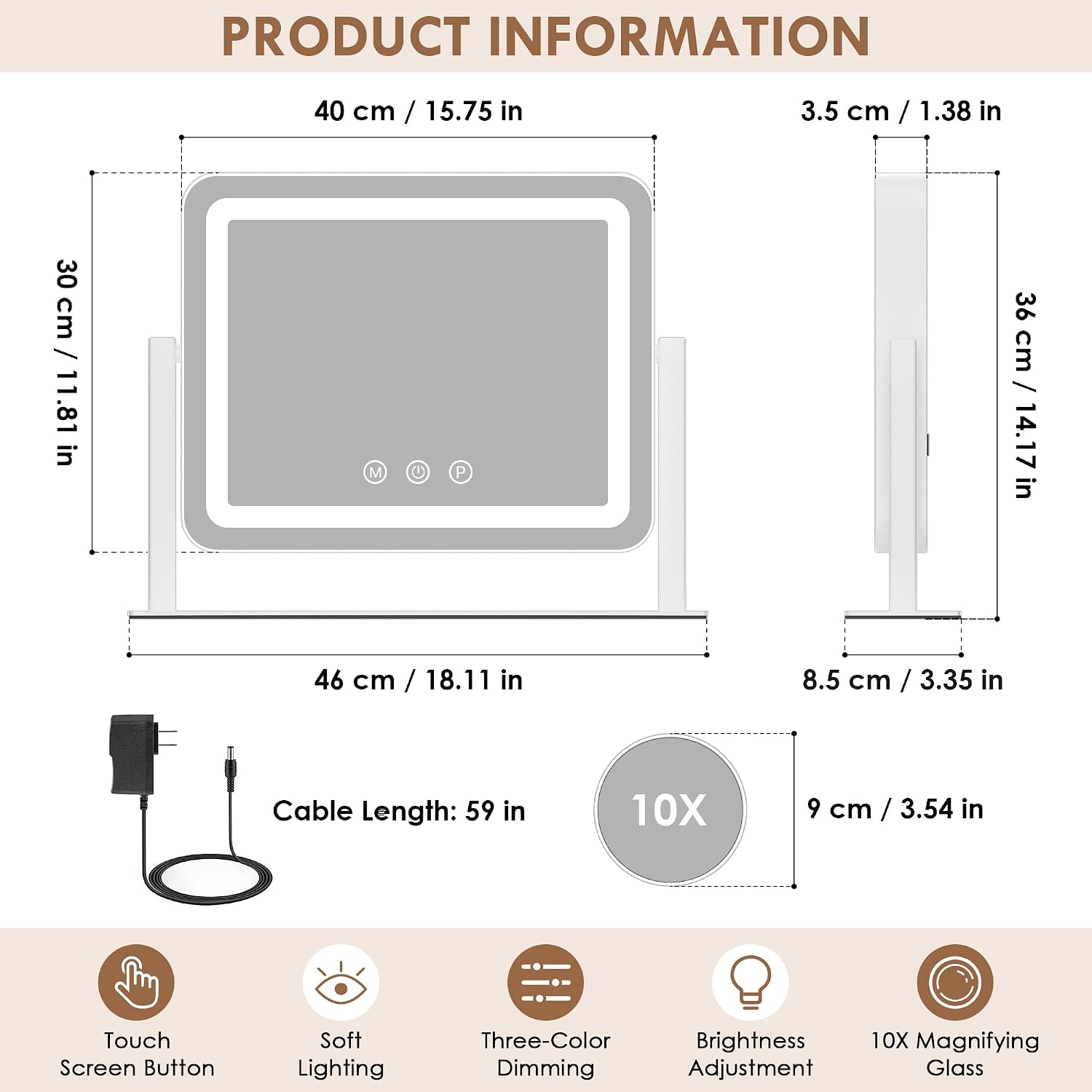 Detalle de Sucedey Specchio cosmetico con luci 46 x 36 cm – specchio da trucco illuminato con mirino ingranditore 10x incluso