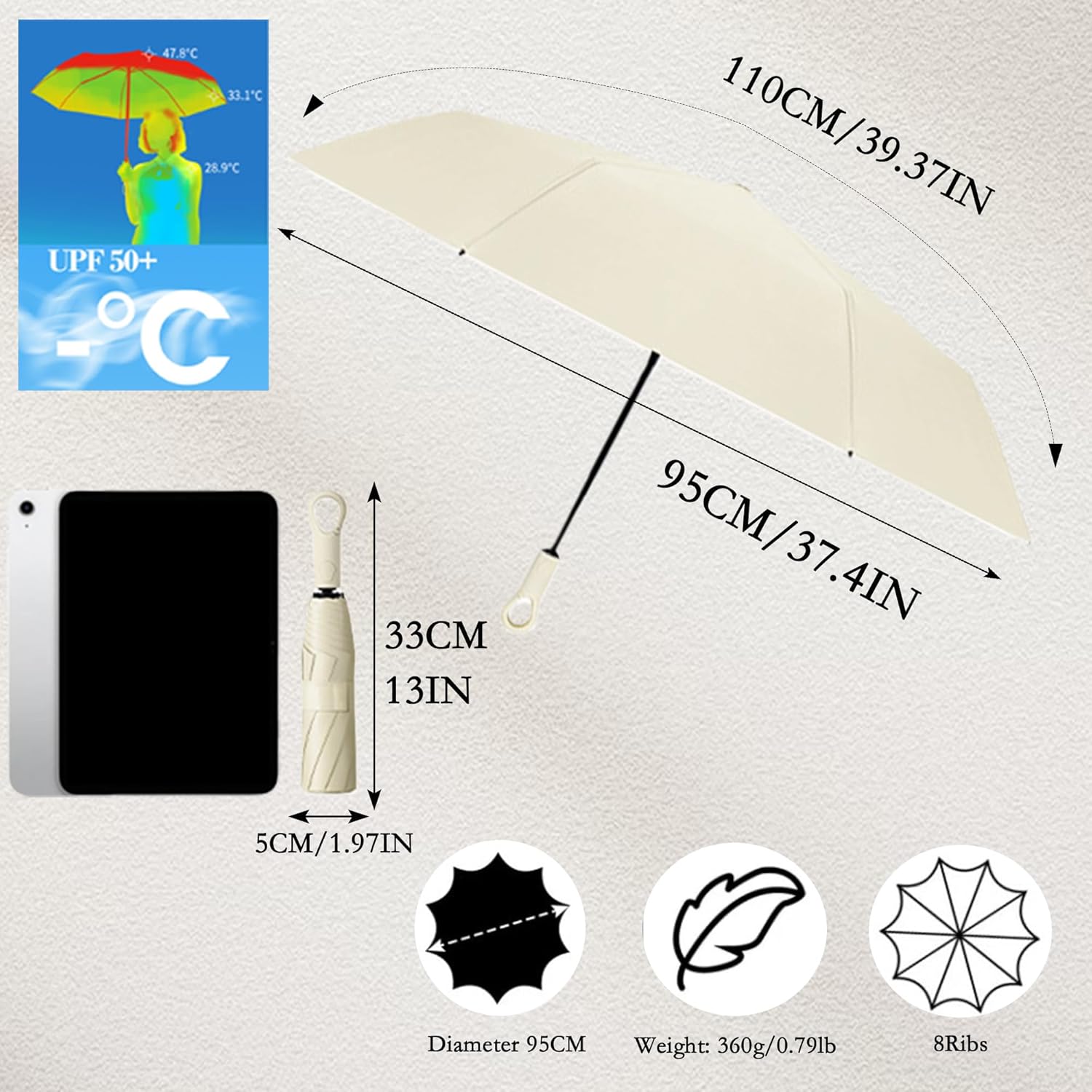 Thumbnail 1 de Ring Carabiner Handle Auto Open/Close Folding Travel Umbrella with UPF 50+ Teflon Coating