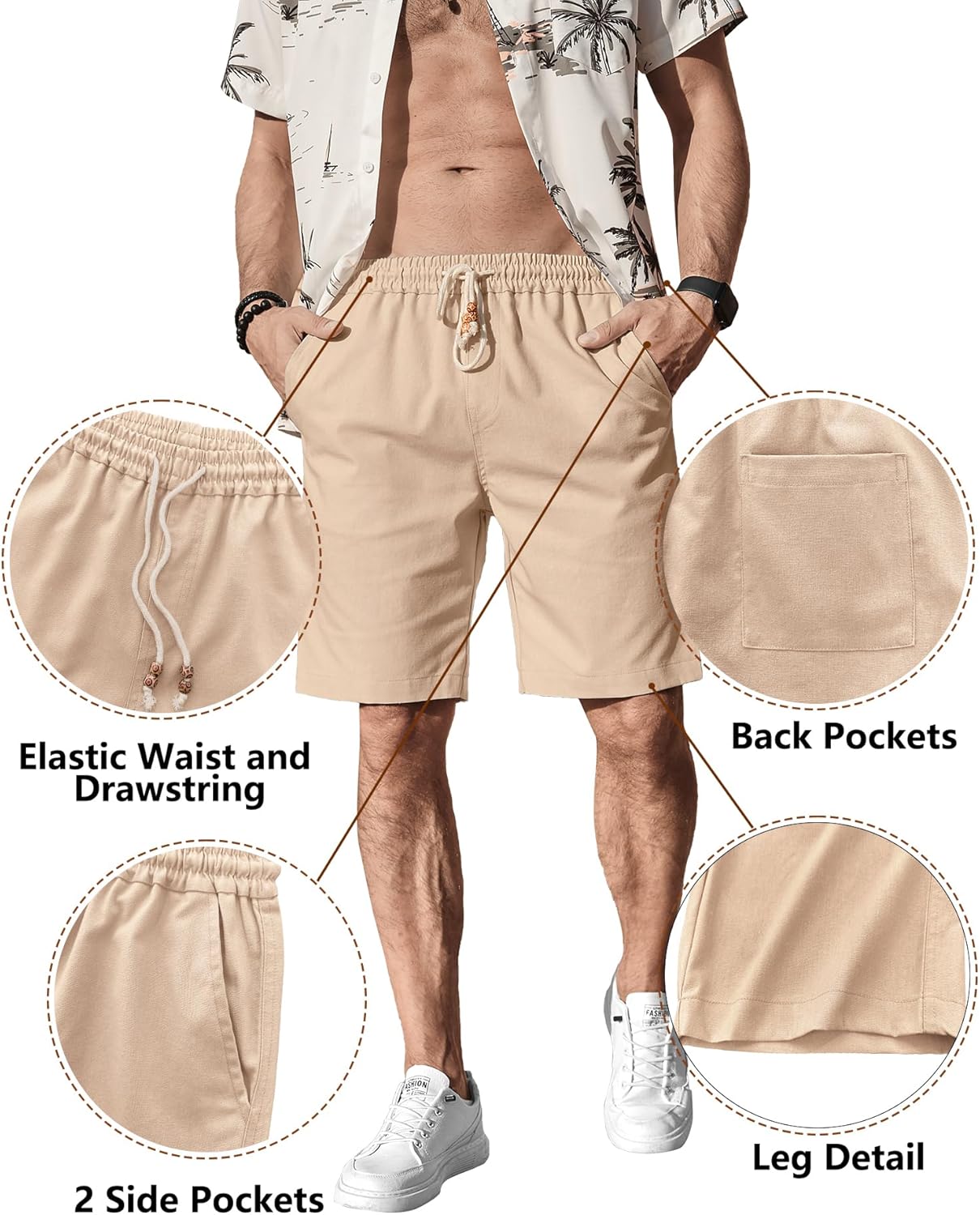 Thumbnail 3 de Comdecevis Men's Linen Shorts: Casual Elastic Waist Drawstring Summer Shorts with Pockets