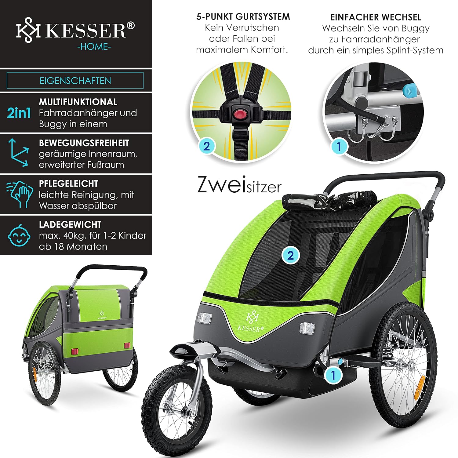 Detalle de KESSER Kinderfahrradanhänger 360° drehbar (2in1 Joggerfunktion) mit Federung und 5-Punkt-Gurt, inkl. Warnfahne