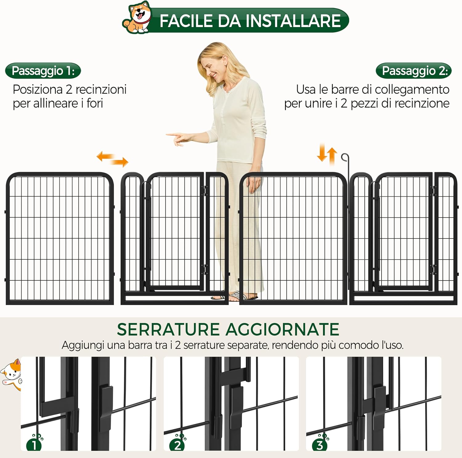 Detalle de Yaheetech recinto pieghevole per cani cuccioli, conigli e gatti (interno/esterno) in ferro, 8 pezzi 65 x 80 cm