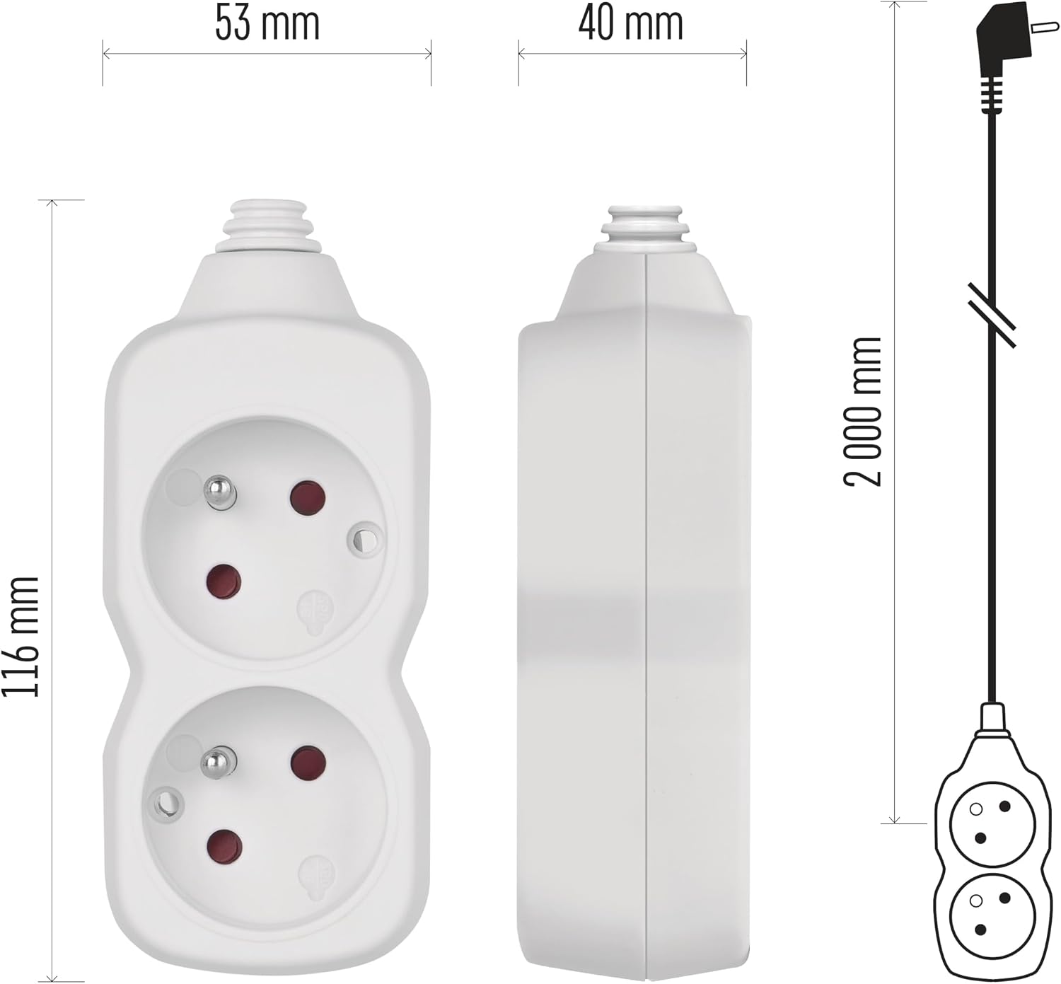 Detalle 2 de EMOS listwa zasilająca 2 m, 2 gniazda francuskie 45°, 250 V, 16 A