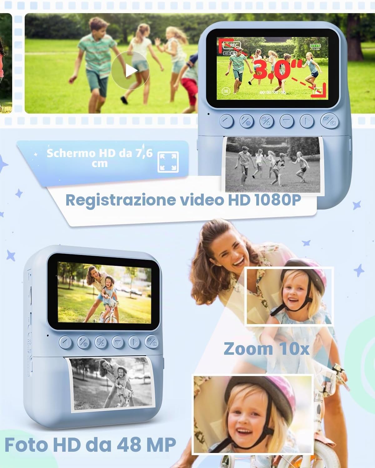 Thumbnail 6 de TIATUA Macchina Fotografica Bambini Istantanea 3.0" Blu con 32GB e 3 Rotoli di Carta - Regalo Educativo per Ragazze e Ragazzi 3–12