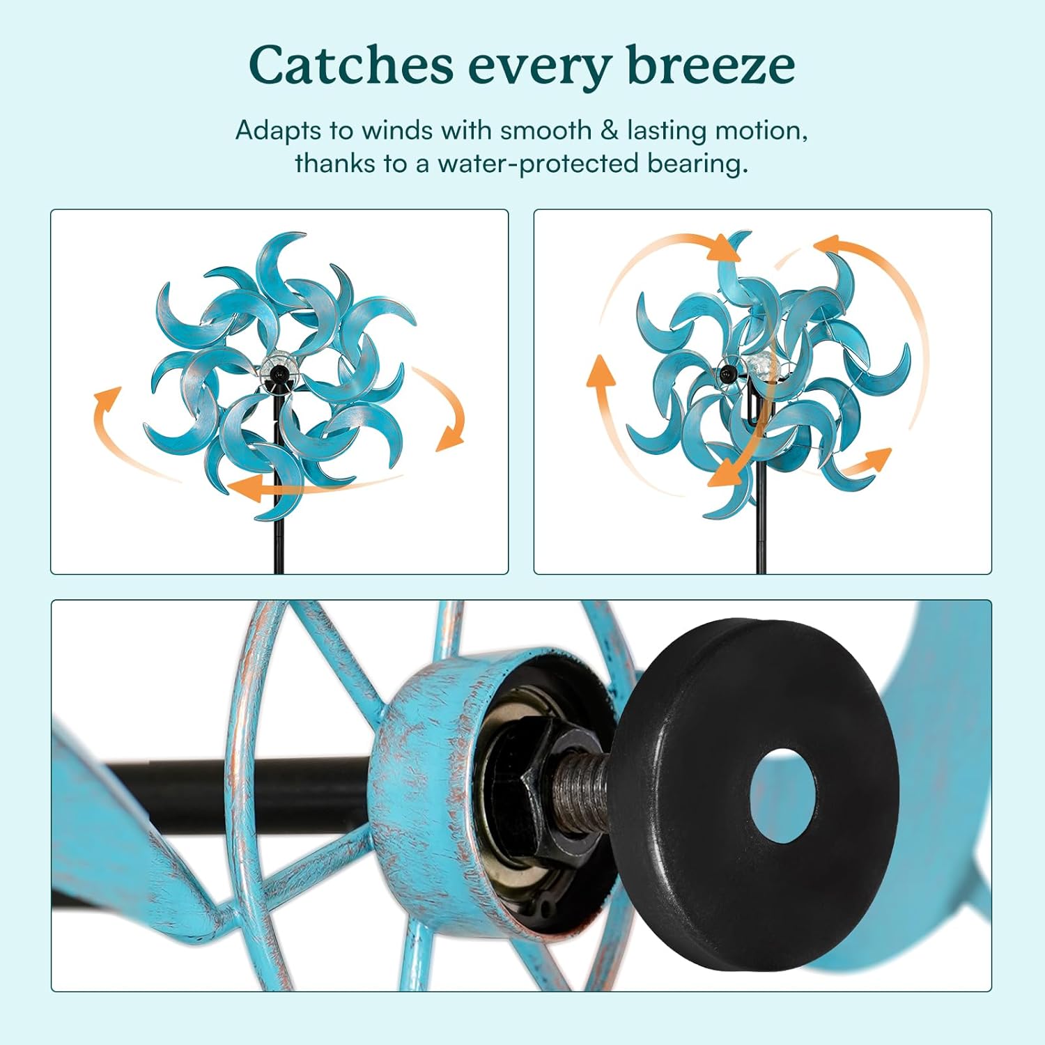 Detalle 2 de Cyan Oasis 87" Wind Spinner Outdoor with Solar Light (Azure Moon) — Large Metal Garden Windmill Decor