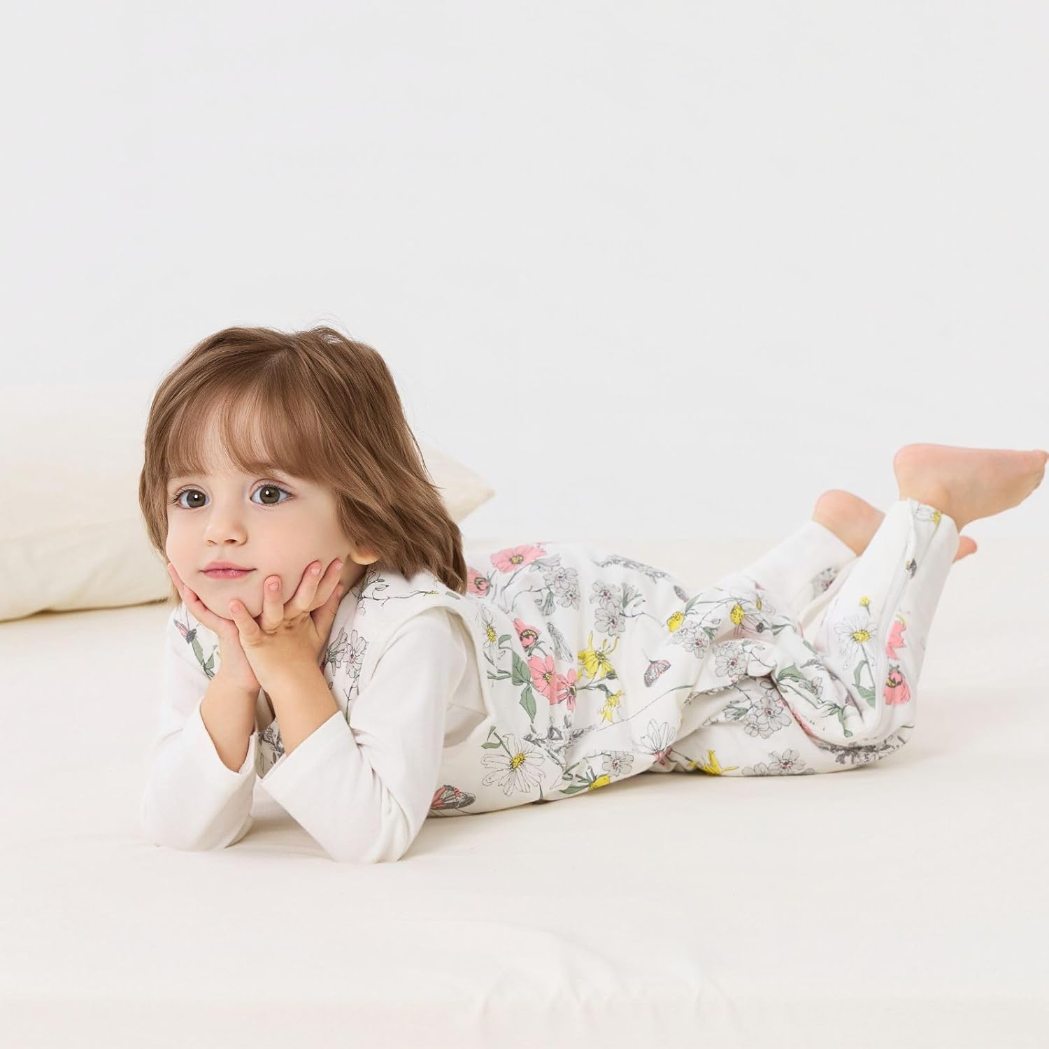 Detalle de Duomiaomiao Schlafsack mit Füßen – Ganzjahres-Baumwoll-Schlafsack für Babys (1,5 Tog) in Blumen-Design, 65–95 cm