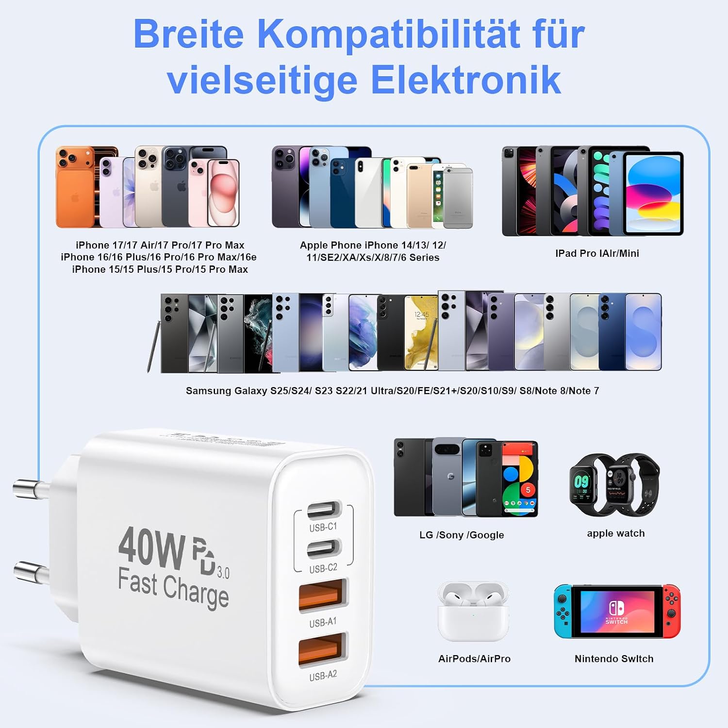 Thumbnail 6 de 2er Pack USB-C Ladegerät mit 4 Anschlüssen – 40 W Schnellladegerät (PD 3.0/QC)