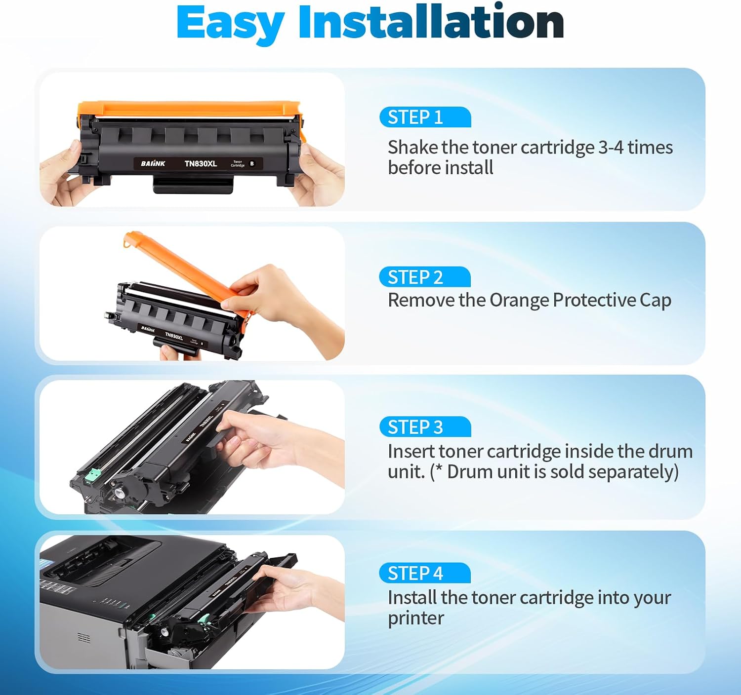 Detalle de BAIINK TN830XL Black Toner Cartridge, With Chip, Up to 3,000 Pages