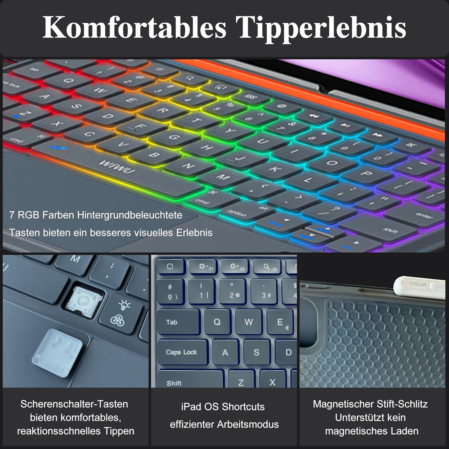 Thumbnail 3 de WIWU Tastaturhülle für iPad Air 13 (M4/M3/M2) – magnetisch abnehmbar, beleuchtetes Trackpad und verstellbarer Ständer (Grau)