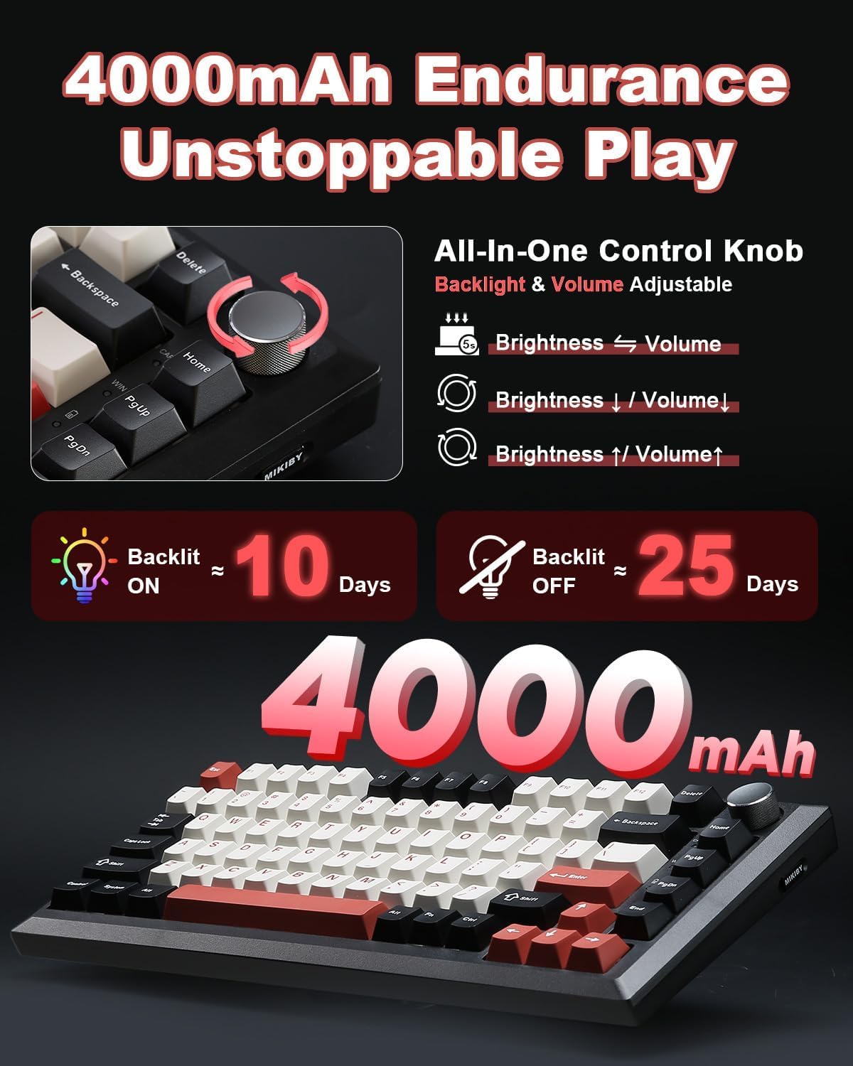 Detalle de MIKIBY Y75 Wireless Mechanical Keyboard: 75%, Hot-Swappable, with Knob, RGB, and Tri-Mode Connectivity