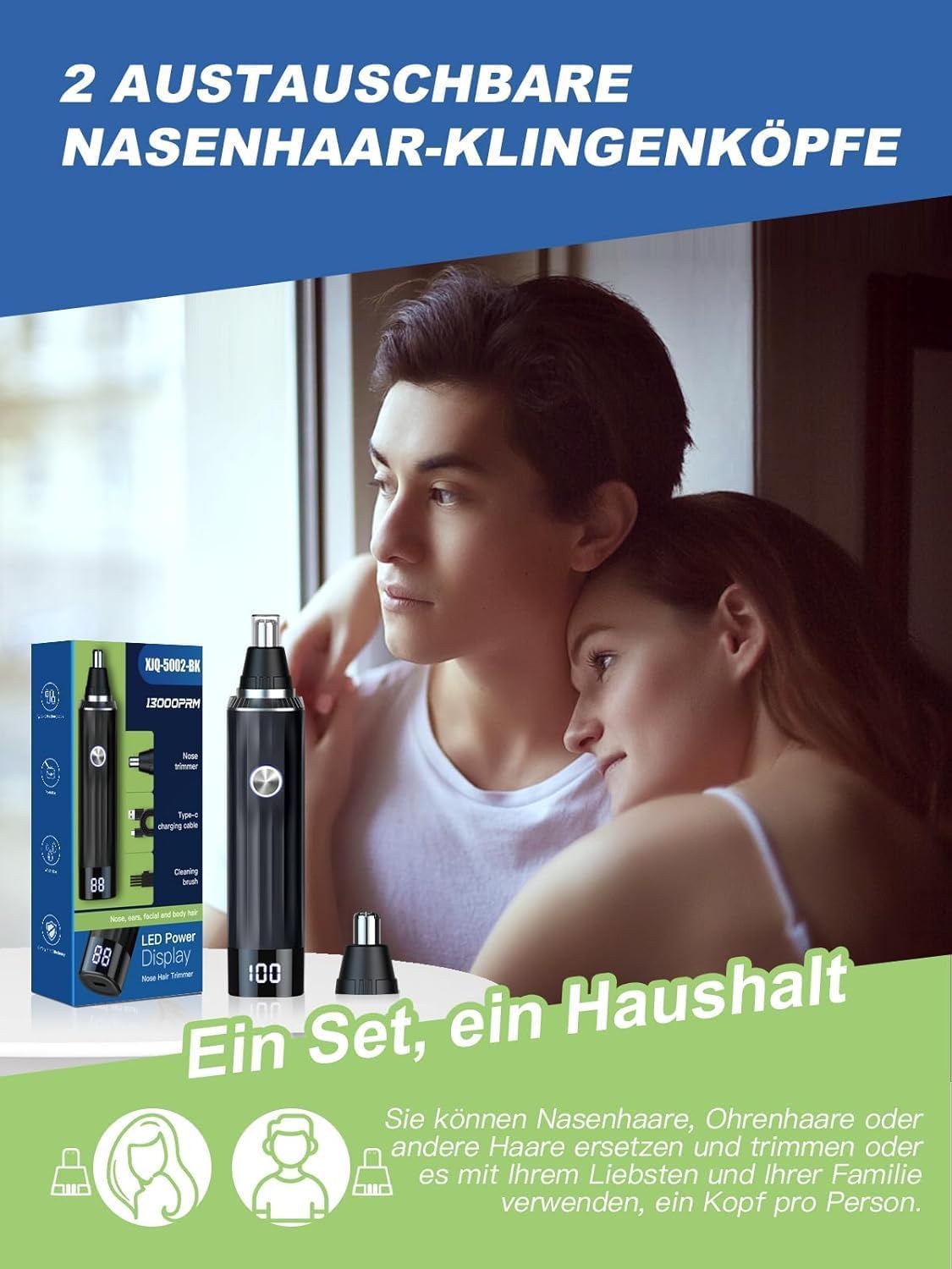 Detalle de Nasenhaartrimmer 2‑in‑1 USB‑wiederaufladbar mit LED 💈