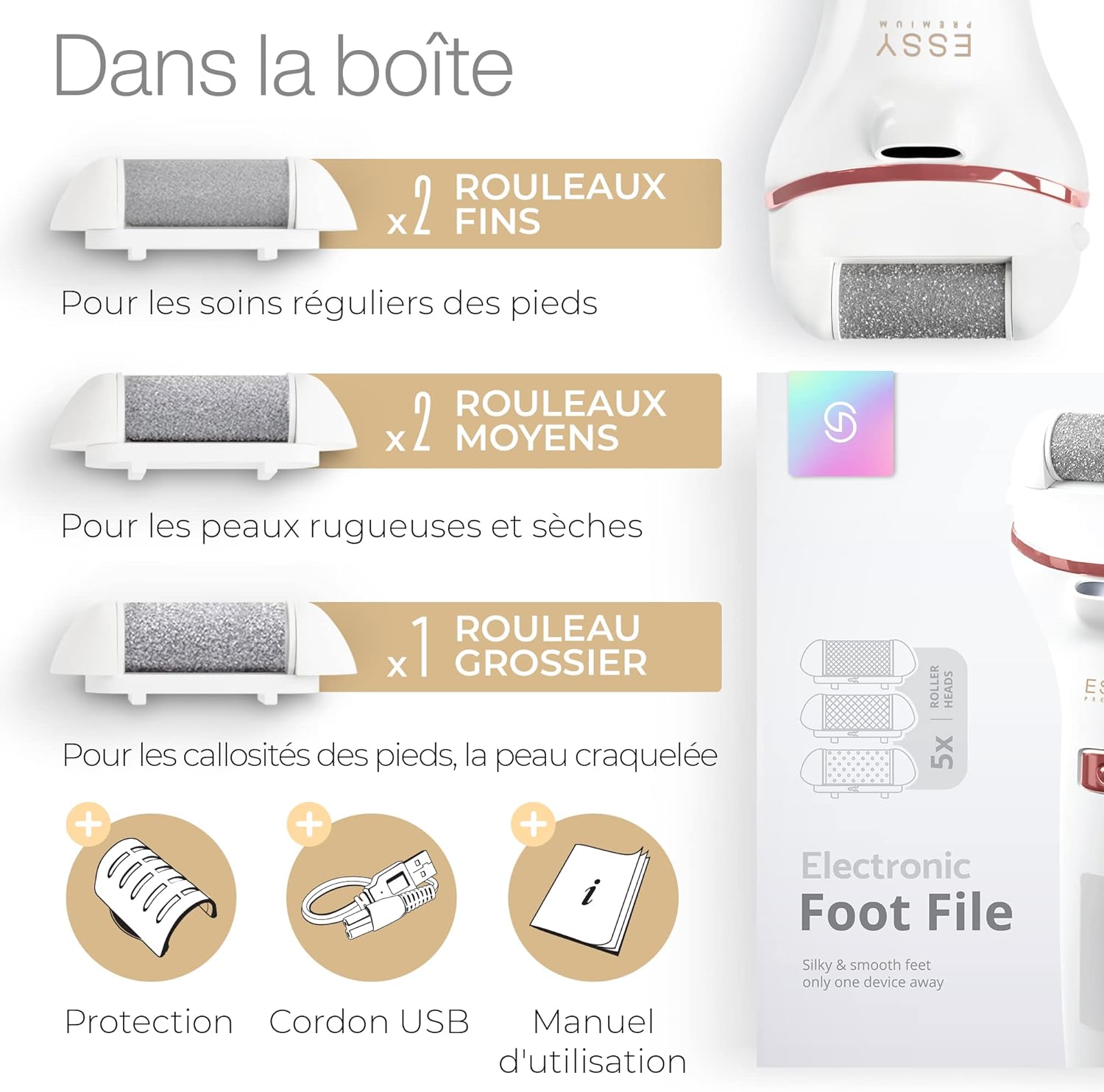 Thumbnail 6 de Essy Râpe à Pieds Électrique avec 3 Rouleaux Interchangeables – Kit Pédicure Rechargeable (Blanc)