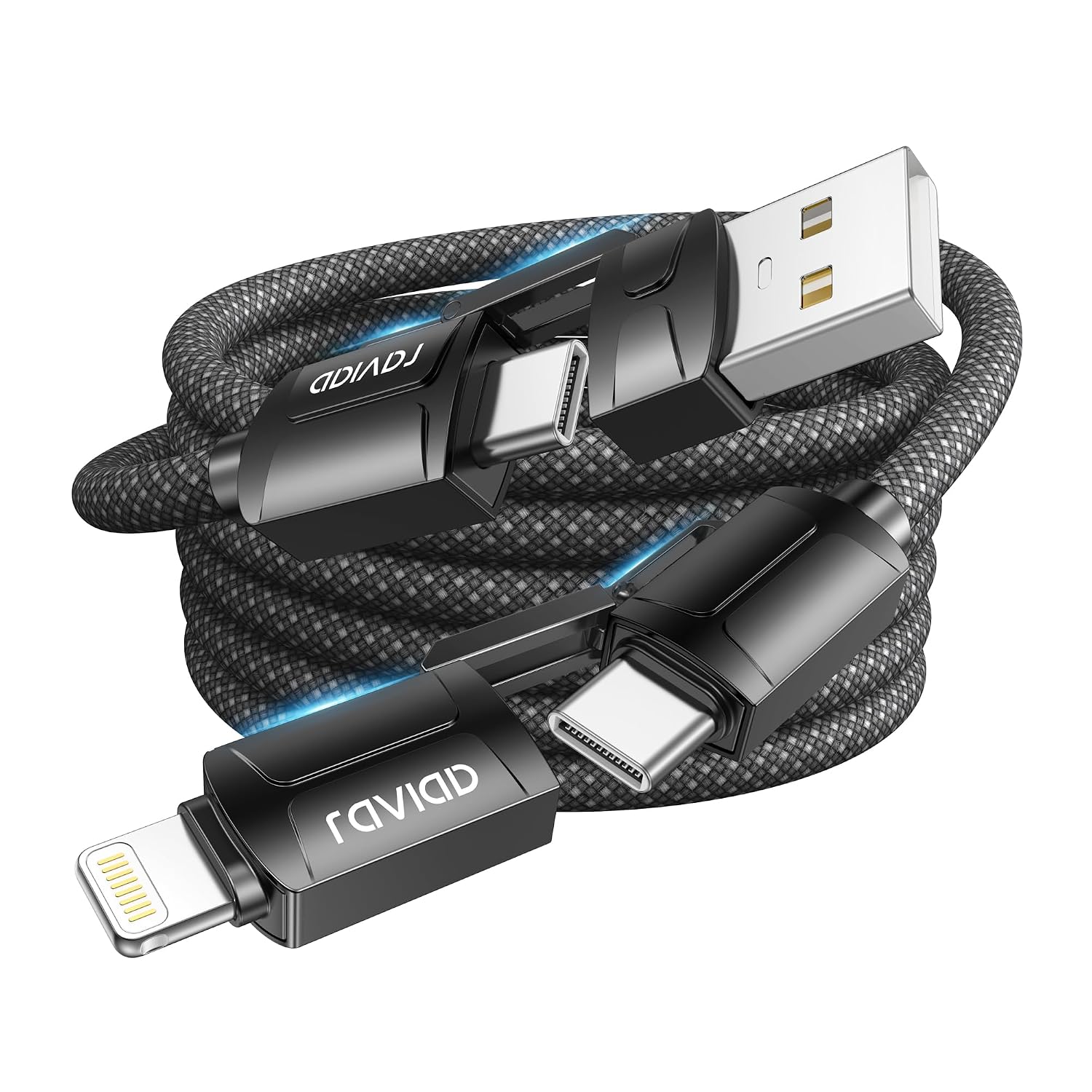 Detalle de RAVIAD Multi Cavo di Ricarica 4 in 1 (60W PD) con USB-C/USB-A e Lightning, interfacce per iPhone e Android
